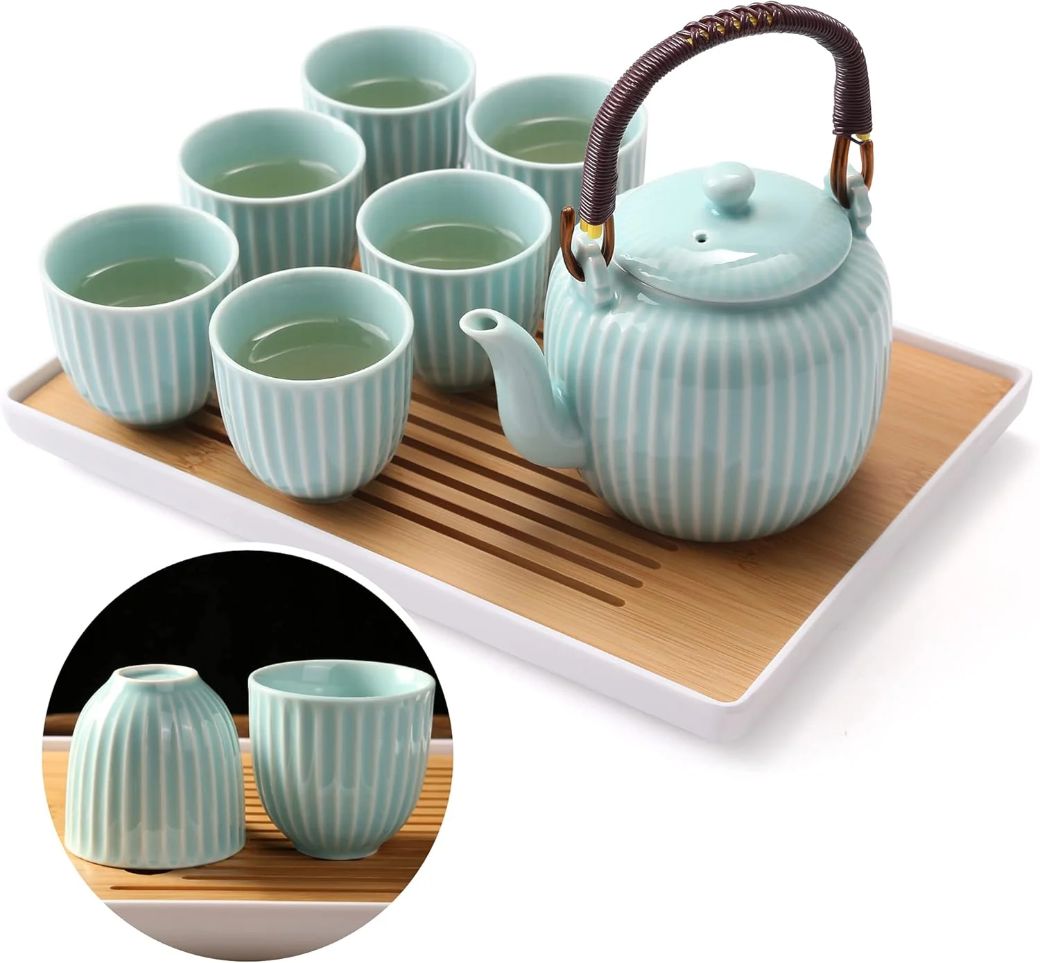 High-Quality Dujust Japanese Tea Set Cyan-blue Porcelain Tea Set with 1 Teapot Set 6 Tea Cups 1 Tea Tray 1 Stainless Infuser Fine Crafted