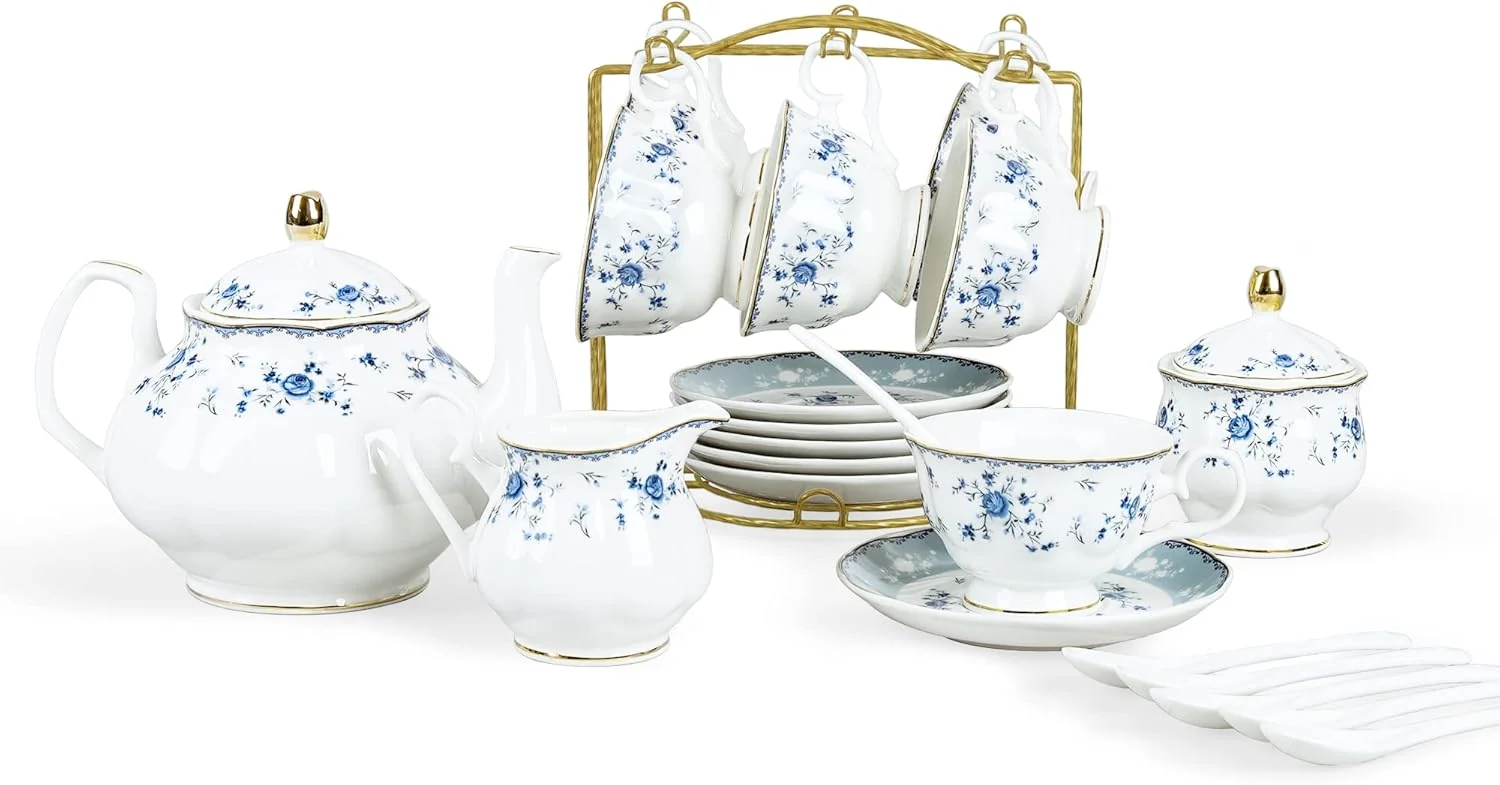 Innovative fanquare 15 Piece Blue Rose Porcelain Tea Set British Floral Teapot with Tea Cups Women Tea Party Set for 6 Premium