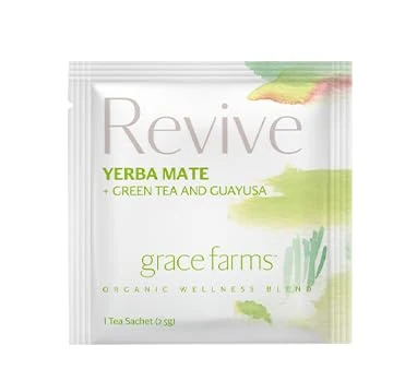 Luxury Grace Farms Revive Wellness Organic Tea Blend 100 Enveloped Pyramid Sachets w String Tag Yerba Mate Green Tea Adaptogens Detailed