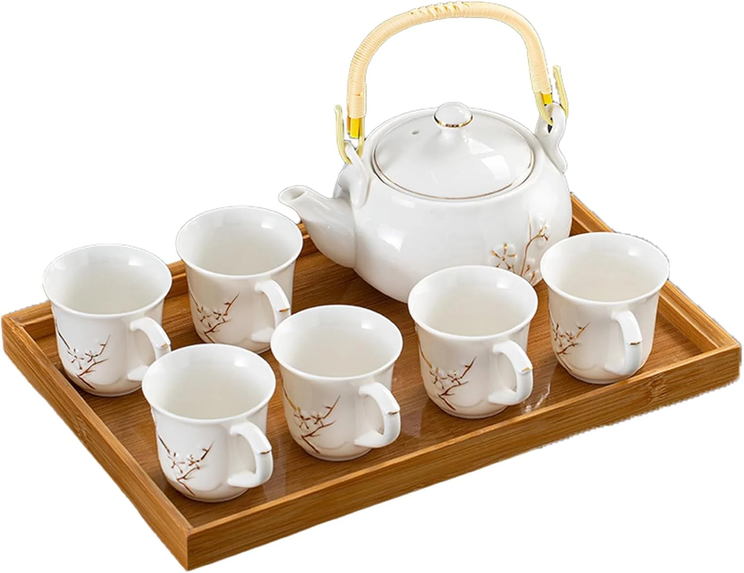 Smart Keyduacu Japanese Tea Set White Ceramic Tea Set Plum Blossom Embossed Includes 1 Teapot 6 Anti-scald Teacups Tea Tray Strainer Used for Home Innovative