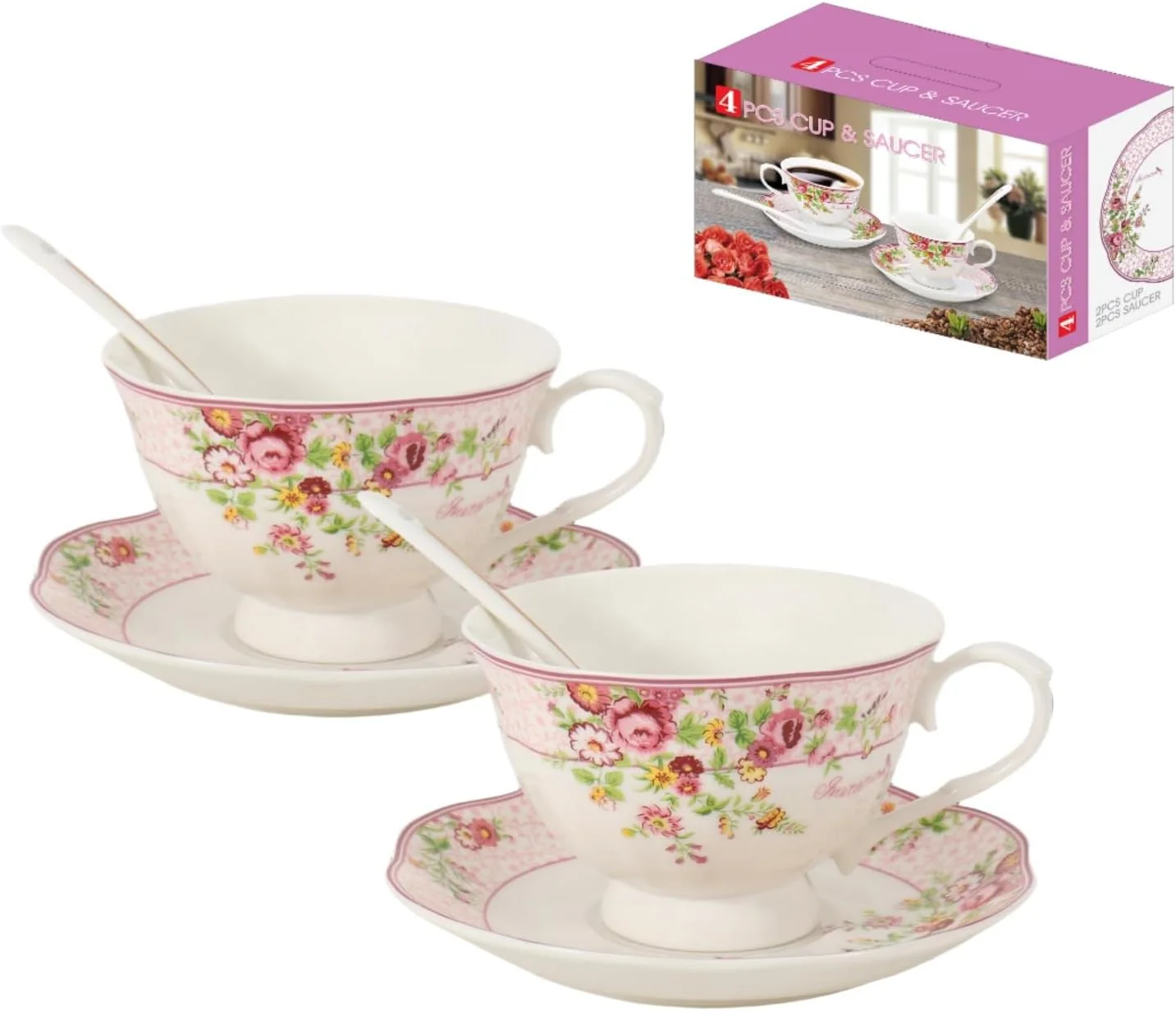 Specialty Cup and Saucer Sets of 2 with Spoon 8oz Large Tea Coffee Cups and Saucers New Bone China Floral Vintage Cup Saucer Sets Porcelain Tea Latte Mugs Safe