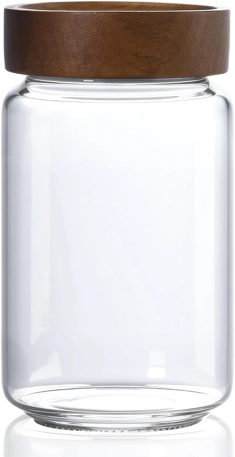 Reliable 24 fl oz 710 ml Glass Jar with Airtight Wooden Screw Top Lid Clear Stackable Food Storage Canister Medium Cute Decorative Glass Container for Coffee Candy Cookie Sugar Oatmeal Spice Functional