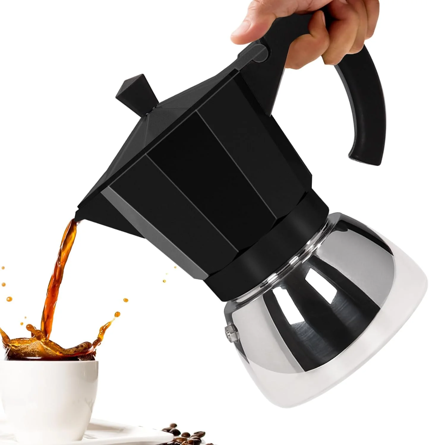 Superior No Coating 6 Cup Aluminum and Stainless Steel Moka Pot Stovetop Espresso Maker Italian Coffee Machine 350ml 11.84oz Suitable for Gas Induction Stovetop Greca Coffee Maker Black Recyclable