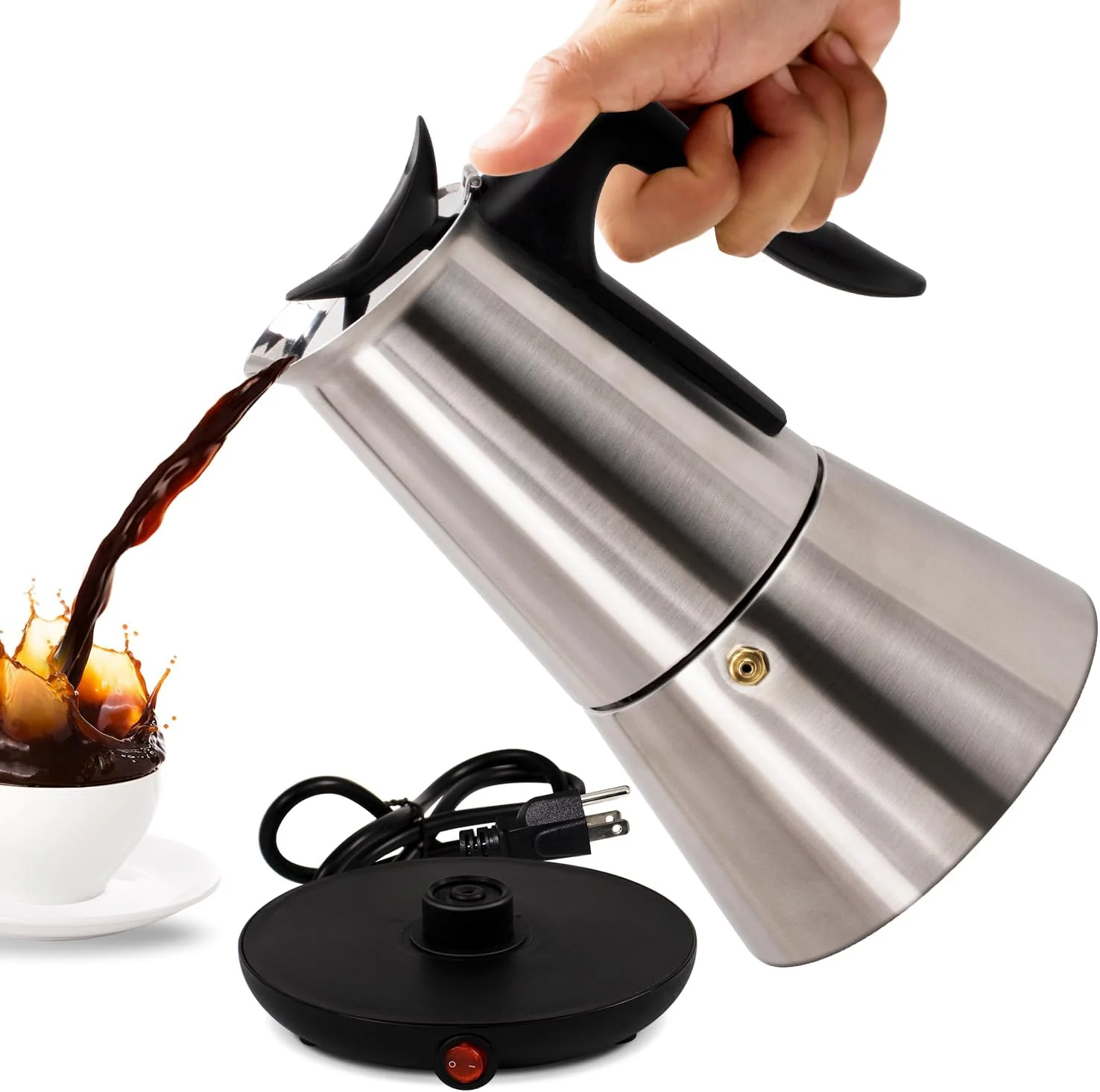 Green Electric Stainless Steel Moka Pot 6 Cup 300ml Mocha Pot Espresso Maker with Detachable Base I Coffee Maker for Home Italian and Cuban Café Coffee Elegant