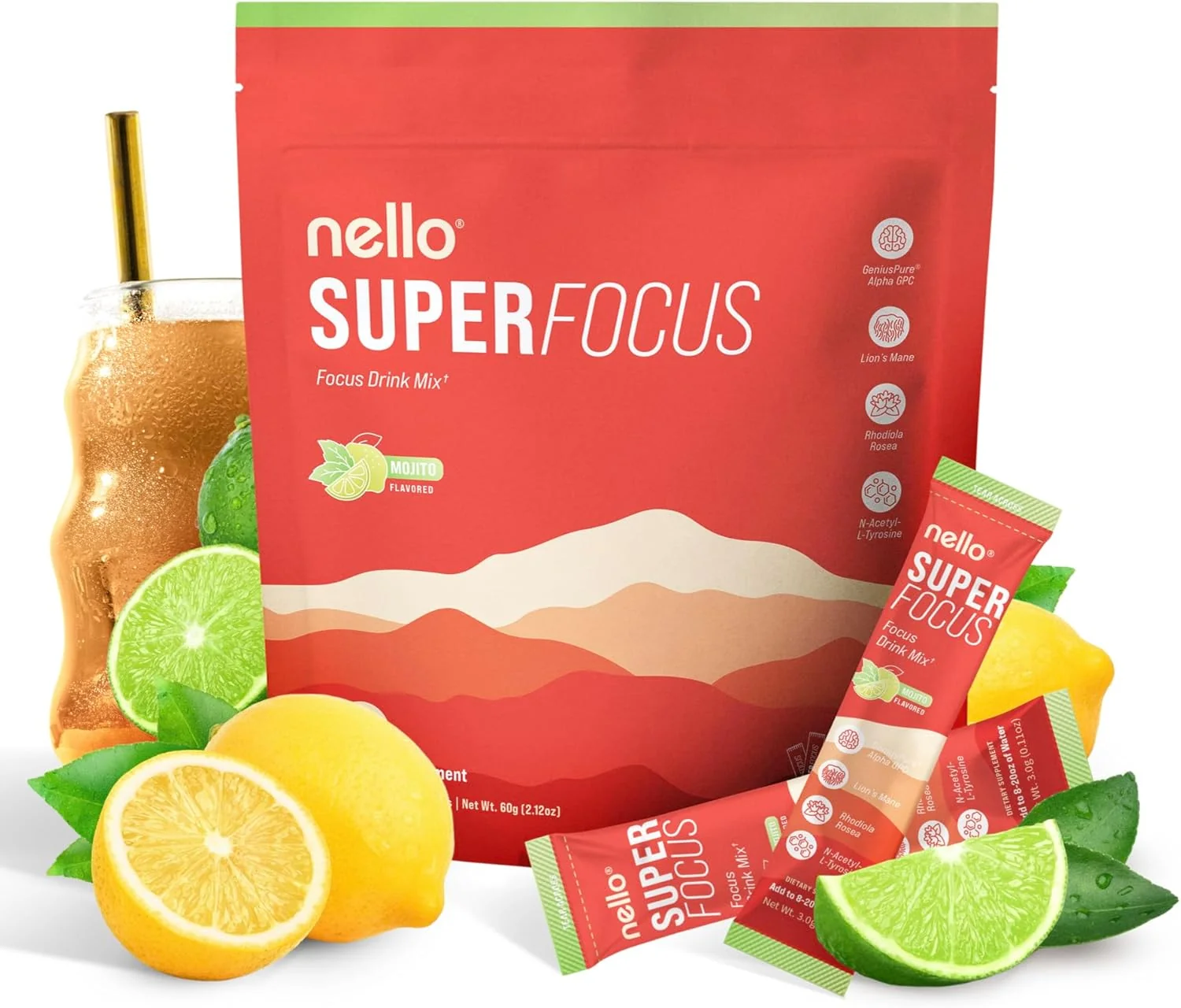 Long-Lasting SuperFocus Mojito – Nootropic Focus Drink Mix 20 On-The-Go Packets Alpha GPC Lion s Mane Rhodiola Sugar- Innovative
