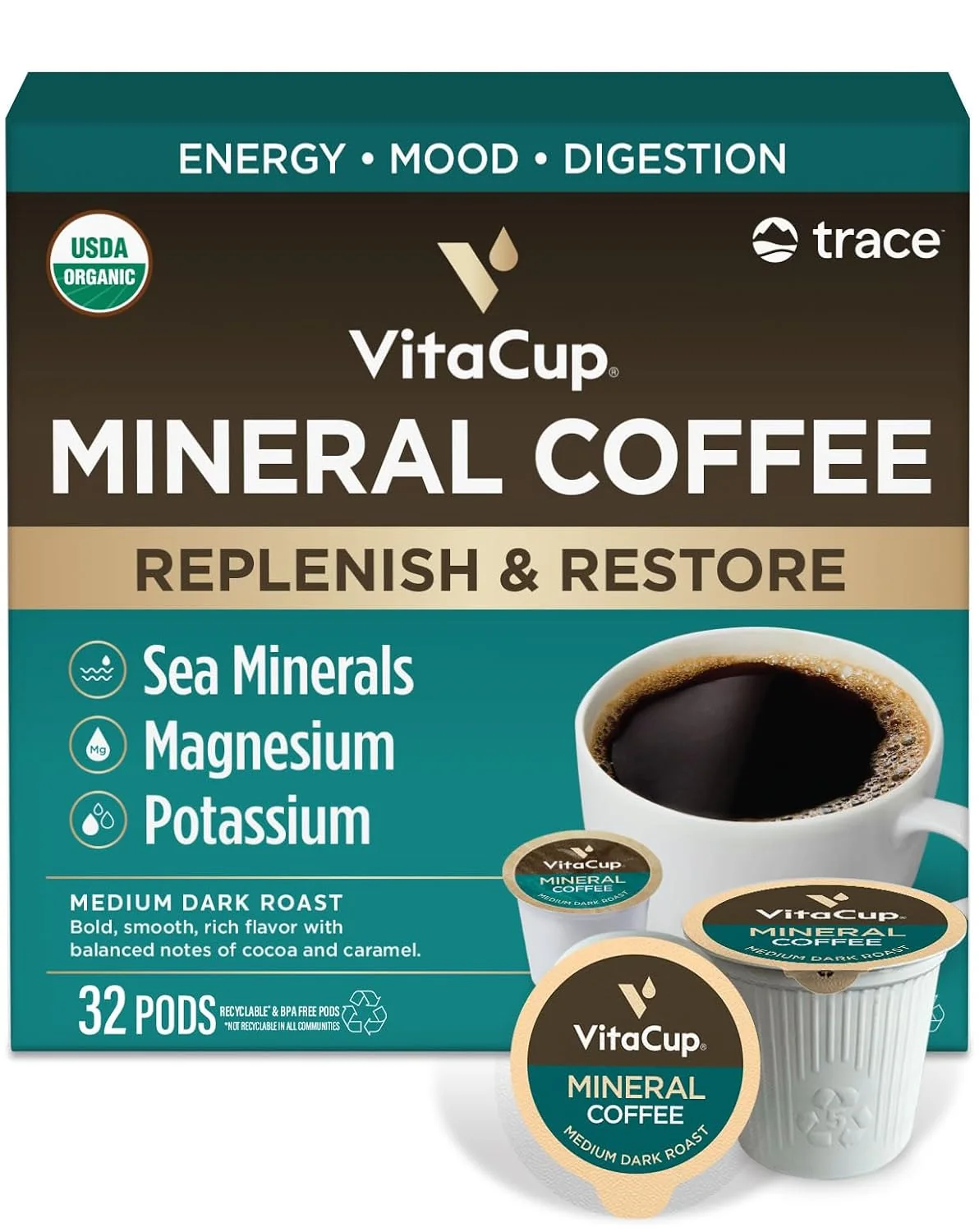 User-Friendly VitaCup Mineral Medium Dark Roast Coffee Pods with Electrolytes 32ct Sea Minerals Minimalist