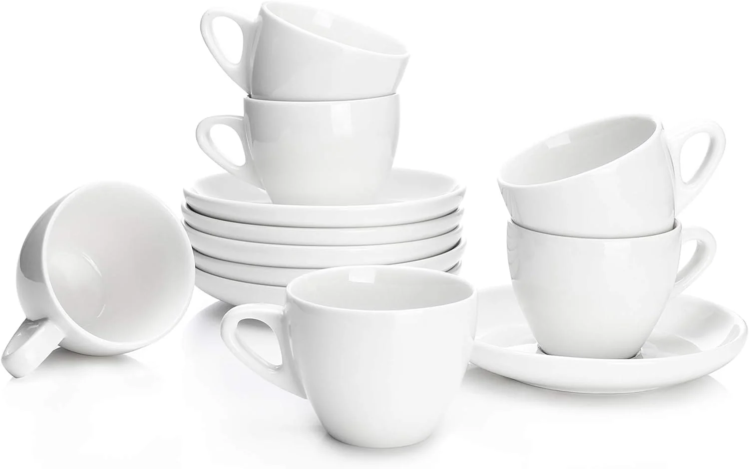 Fast Sweese 4oz Porcelain Espresso Cups with Saucers Set of 6 - I for Espresso Cappuccino Latte Tea - White Smart