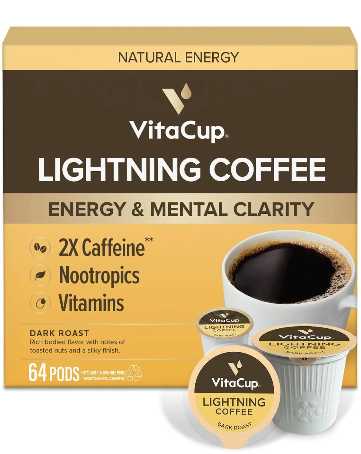 Environmentally Friendly VitaCup Lightning 2X Caffeine Dark Roast Coffee Pods 64ct D3 Convenient