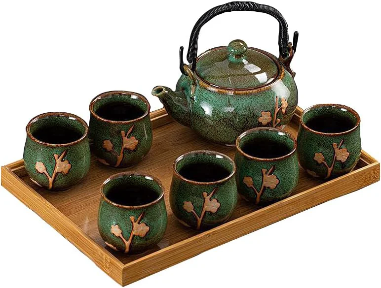 Original Design Keyduacu Japanese Tea Set Kiln-Formed Ceramic Tea Set Plum Blossom Embossed Includes 1 Teapot 6 Teacups Tea Tray Strainer Used for home outdoor Unique