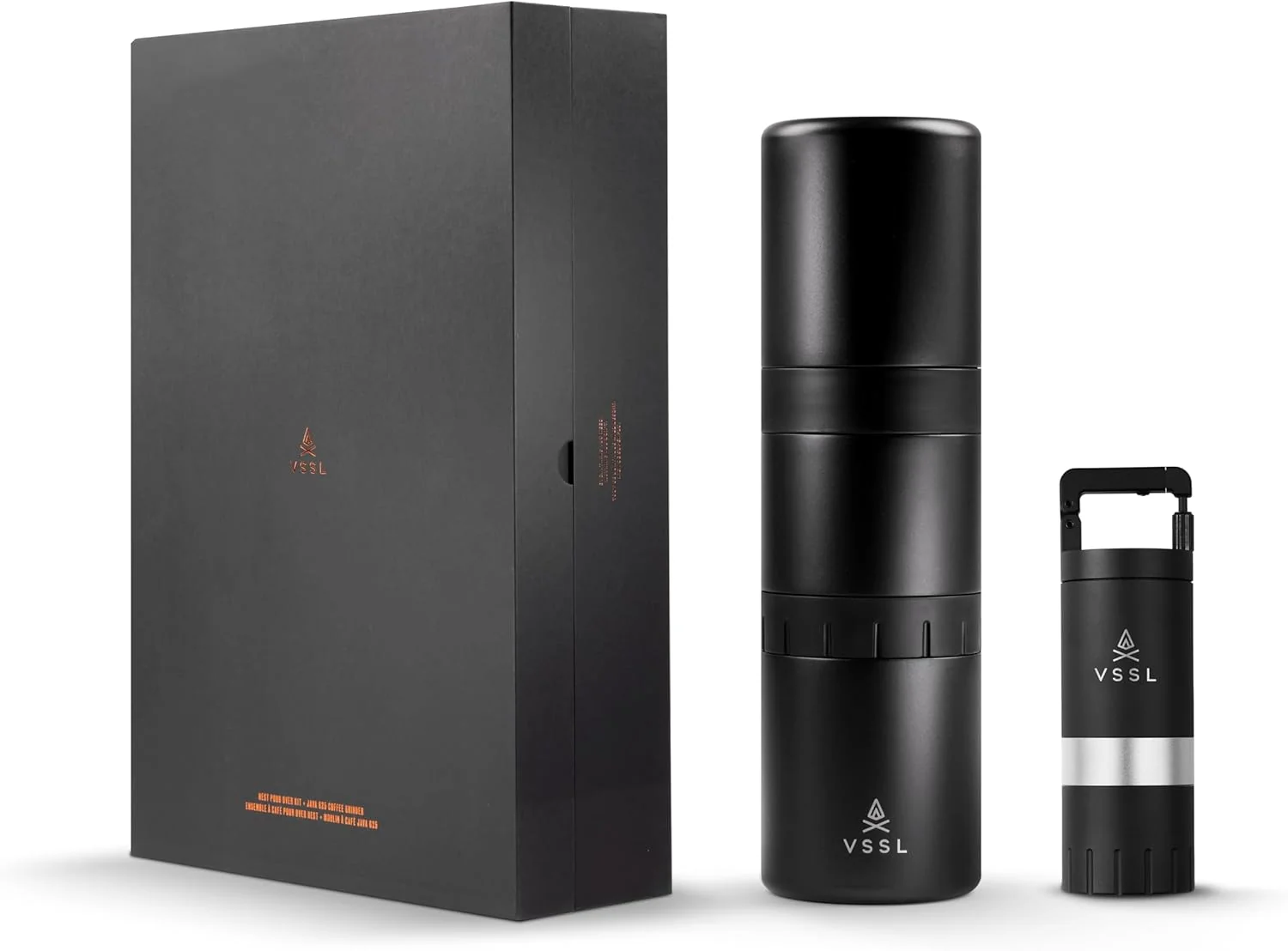 Safe Nest Pour Over Coffee Kit Java G25 Grinder Gift Set Contains Two 10 Oz Mugs Splash Proof Lid Pour Over Coffee Dripper Java G25 Grinder and Storage Connector Black Pure