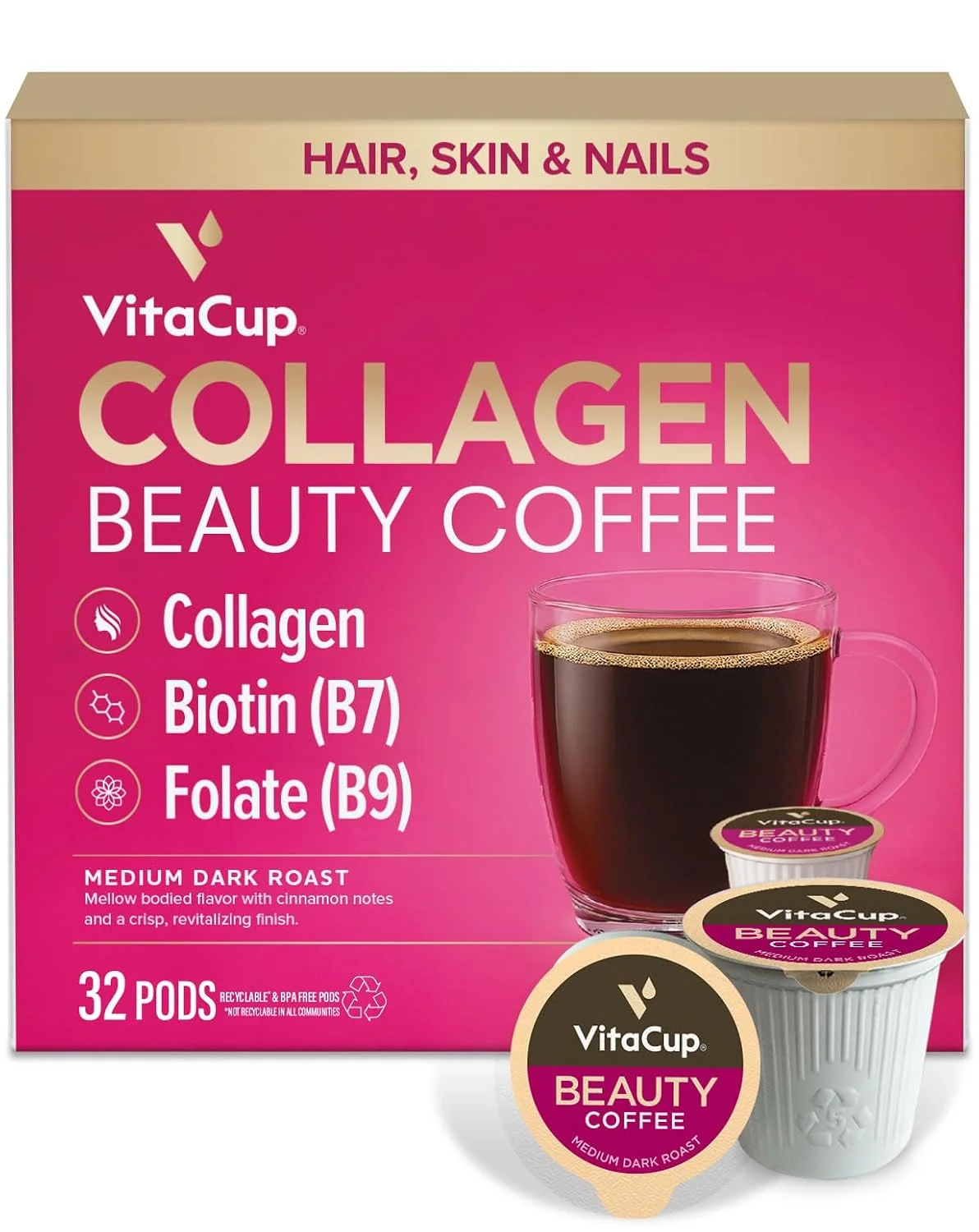 Contemporary VitaCup Beauty Collagen Medium Dark Roast Coffee Pods 32ct Reliable