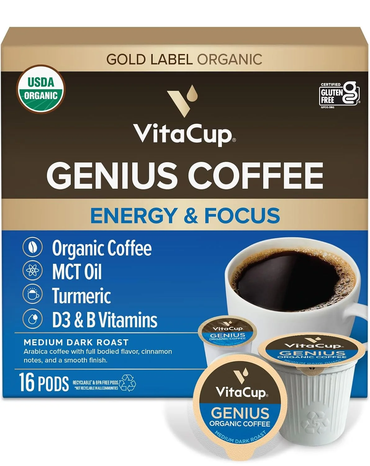 Contemporary VitaCup Organic Genius Keto Coffee Pods Increase Energy amp Focus w MCT Oil Turmeric B Vitamins D3 Medium Dark Roast Bold Smooth Single Serve Pod Compatible w Keurig K-Cup Brewers 16 Ct. High-Grade