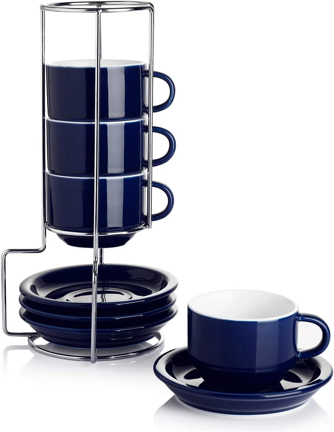 Quality Sweese 2.5 Ounce Porcelain Stackable Espresso Cups with Saucers and Metal Stand Set of 4 Navy Artisan