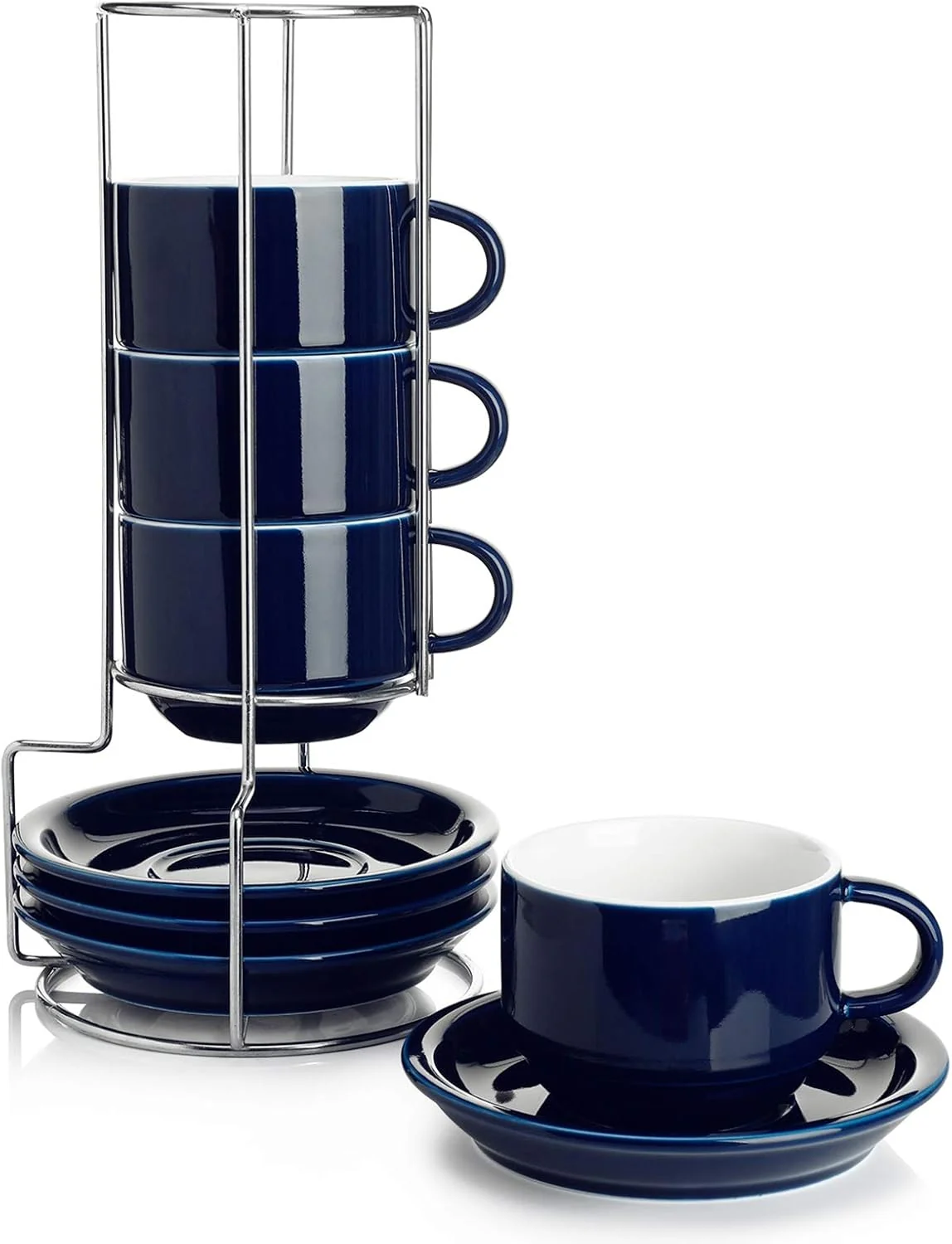 Reusable Sweese 8 Ounce Porcelain Stackable Cappuccino Cups with Saucers and Metal Stand - for Specialty Coffee Drinks Cappuccino Latte Americano and Tea Lightweight