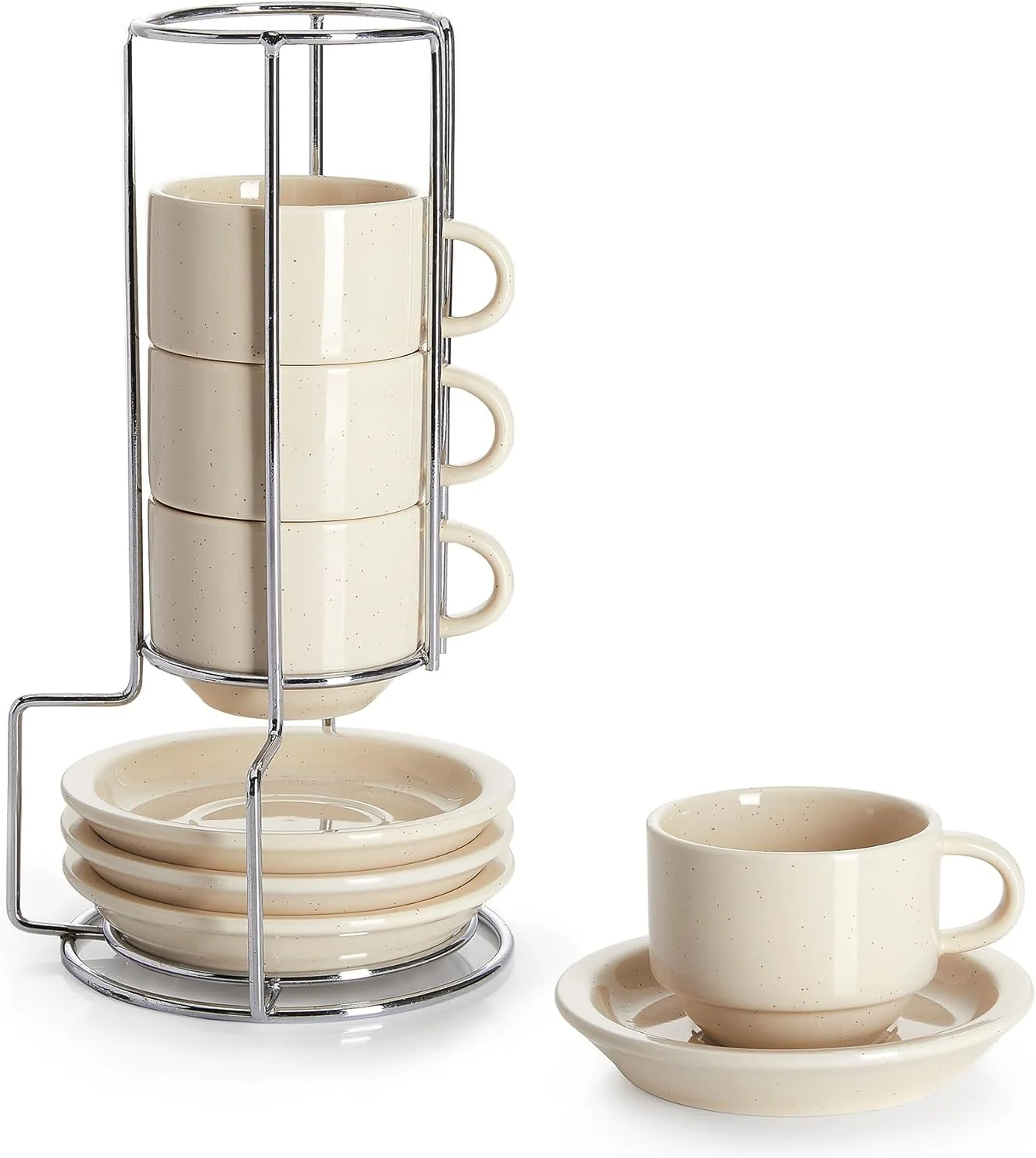 Quality Sweese Porcelain Espresso Cups Set 2.5 oz Stackable with Saucers Metal Stand Beige 4 Pack Fine Crafted