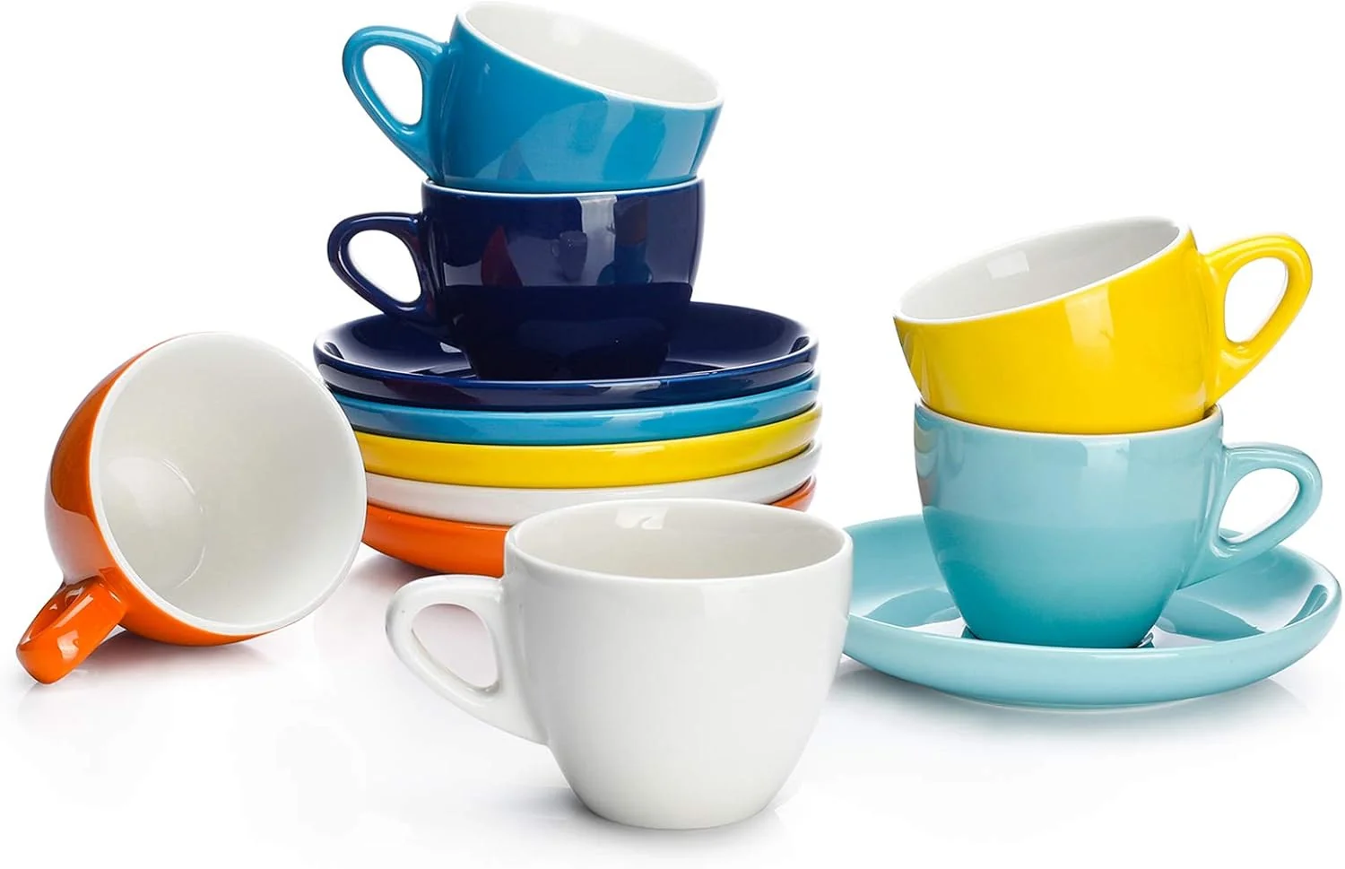 Green Sweese Espresso Cups with Saucers 4 Ounce Demitasse Cups for Single or Double Espresso Cappuccino Latte and Tea - Set of 6 Multicolor Durable