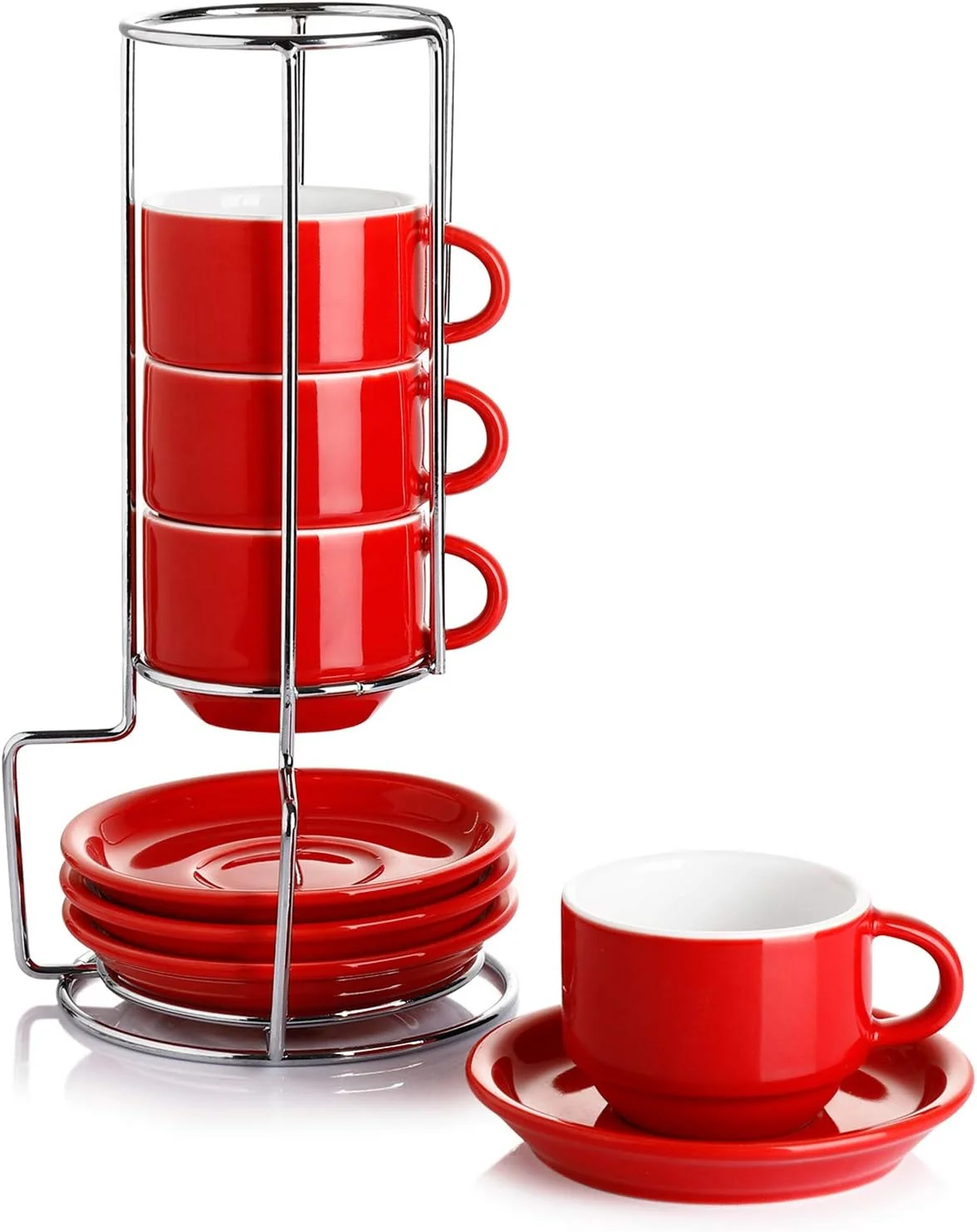 Organic Sweese 4 Ounce Porcelain Stackable Espresso Cups with Saucers and Metal Stand Set of 4 Red Advanced