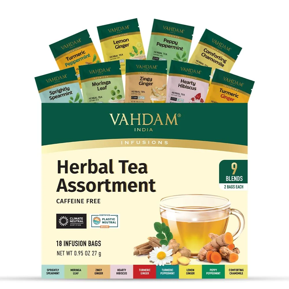 Crafted Vahdam Assorted Herbal Tea Sampler 18 Tea Bags 9 Flavors Caffeine- Non-GMO Double Infusion Individually Enveloped Tea Bags Trendy