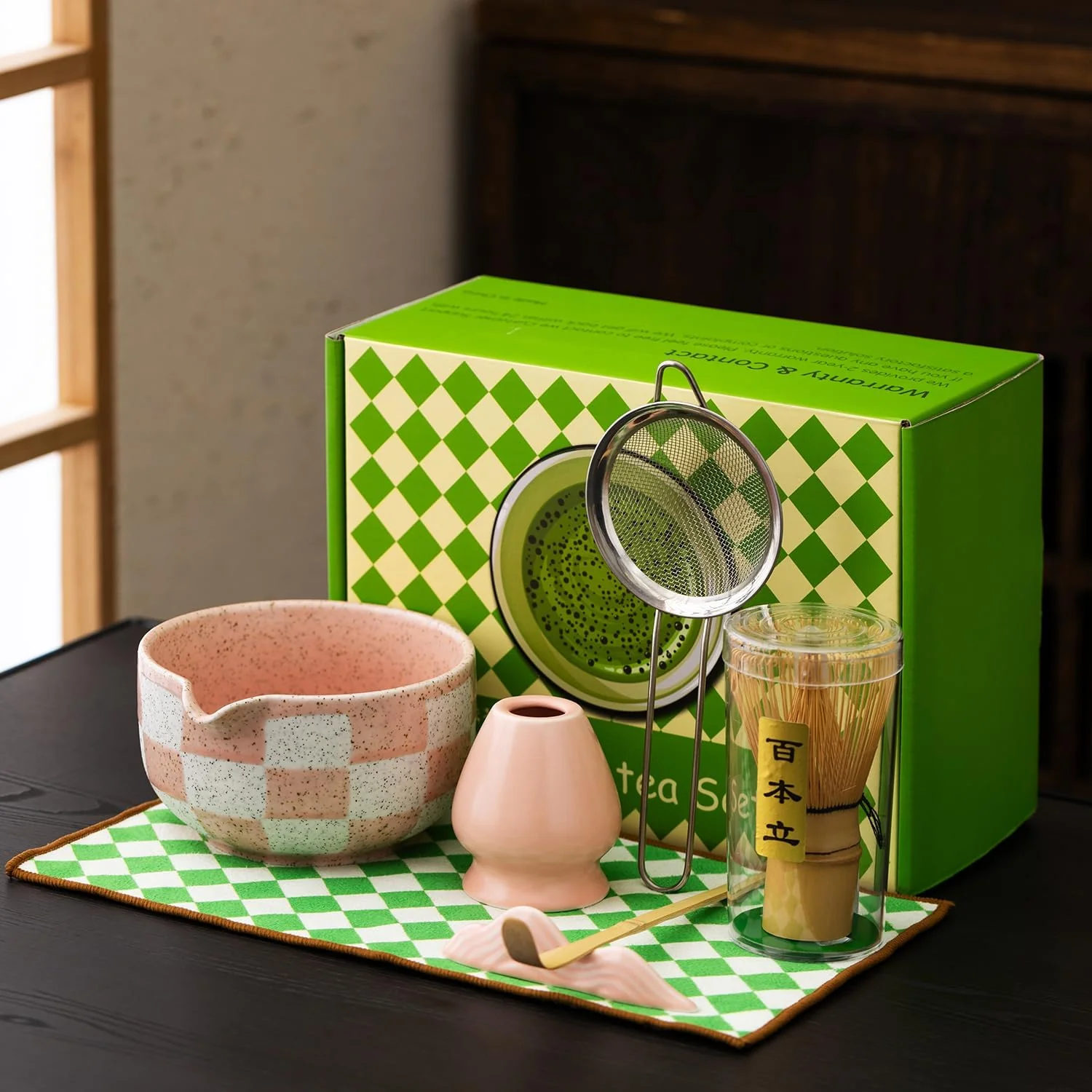 Smooth Premium 7-Piece Matcha Tea Set – Traditional Japanese Style with Elegant Grid Pattern Includes Bamboo Whisk Ceramic Bowl Scoop More Versatile