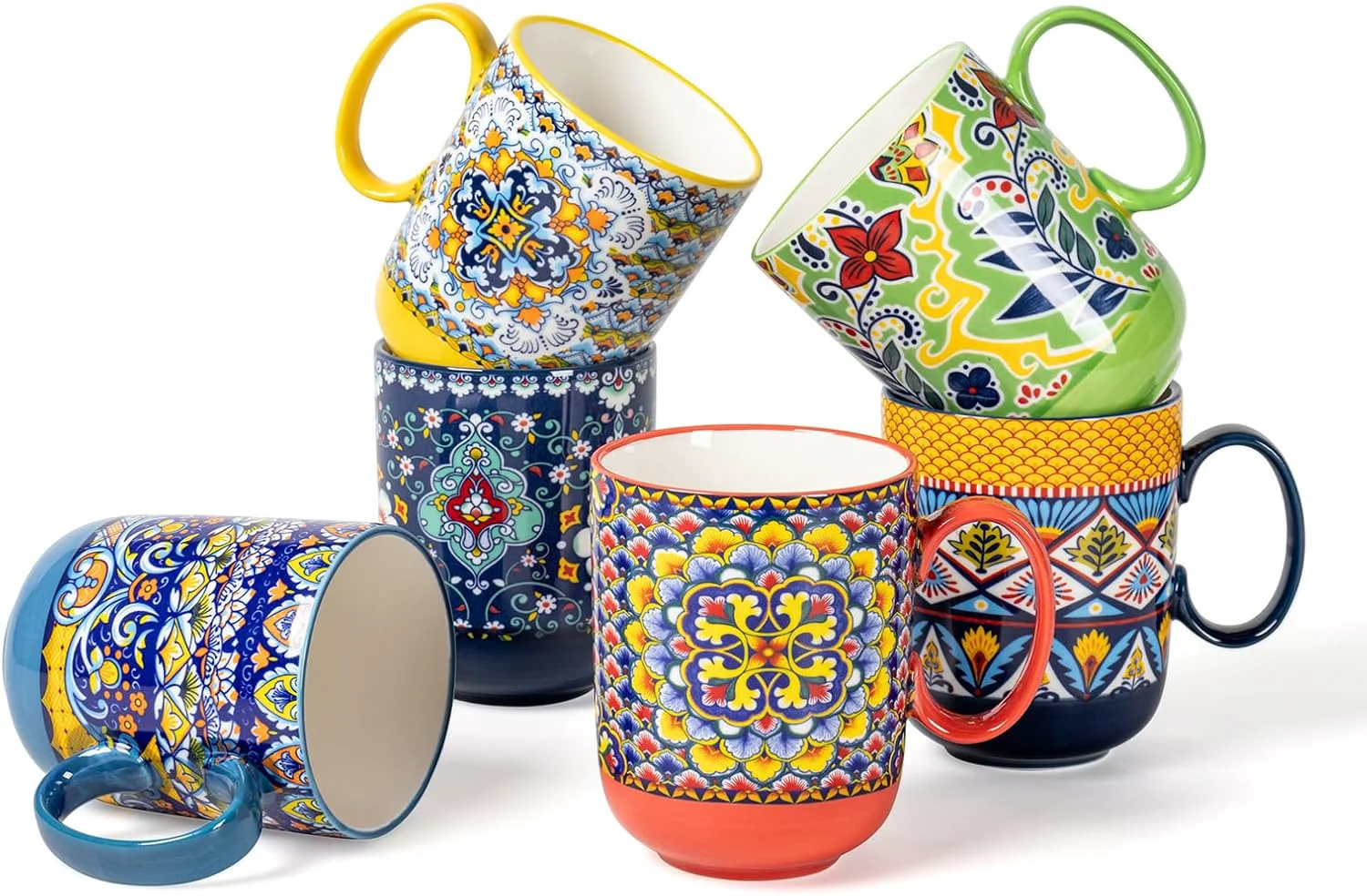 Detailed Henxfen Lead Coffee Mugs Set 14 Ounce - Multicolor Porcelain Cups for Latte Hot Tea Cappuccino Cocoa Soup Dishwasher Microwave Safe Smooth