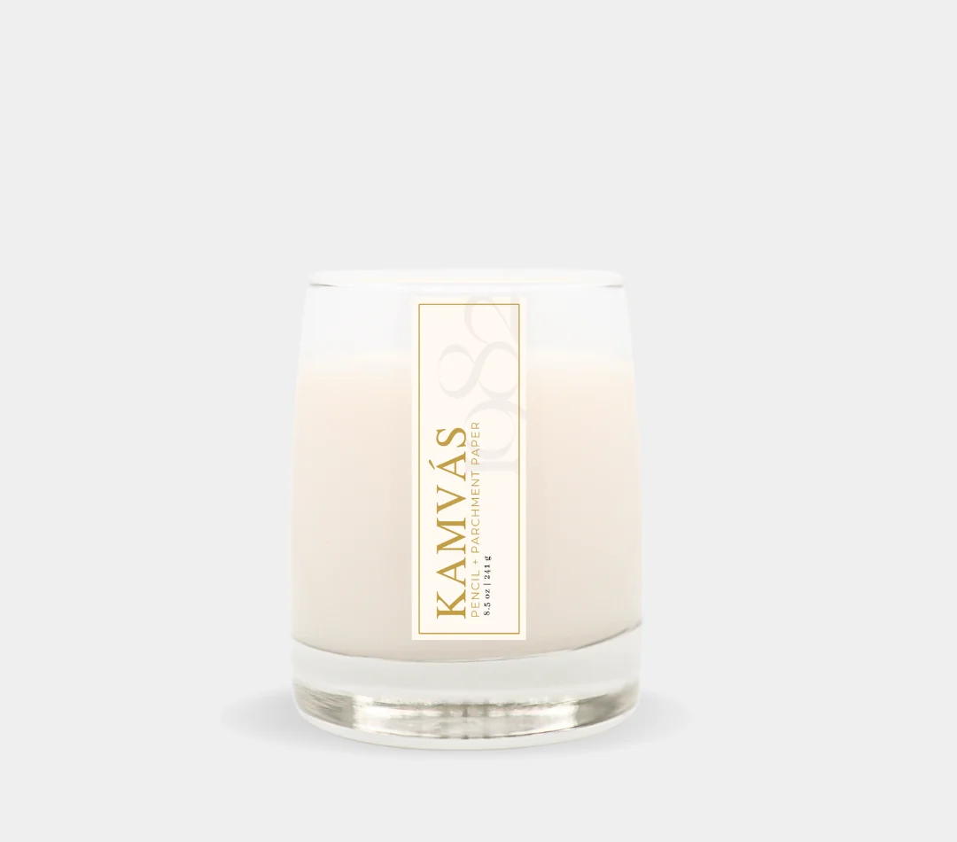 Efficient Kamvas 8.5 oz Single Wick - Notes Pencil Parchment Paper Leather Peony Musk Organic
