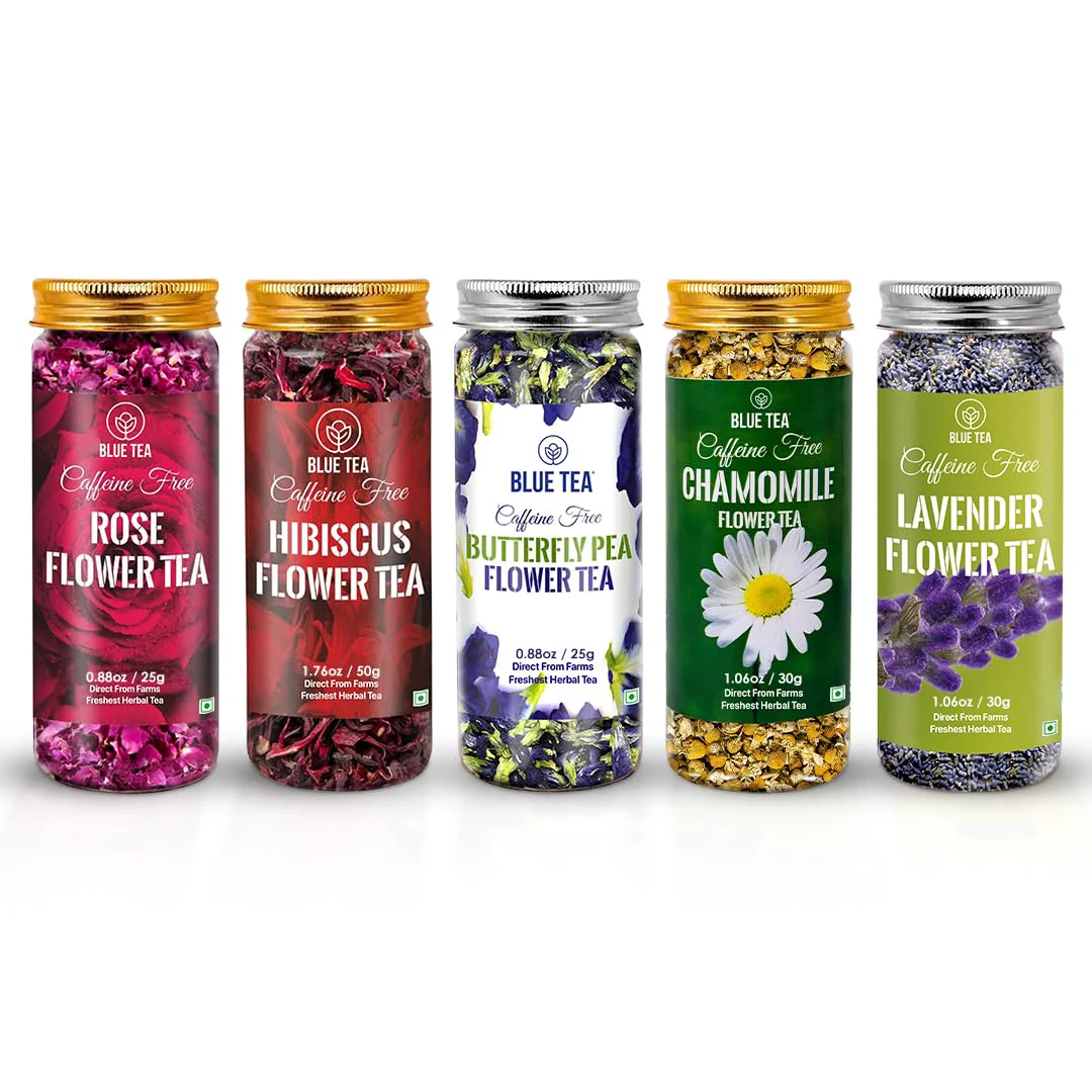 Refined Blue TEA - Flower Tea Combo - 5.64 Oz Pack of 5 Butterfly Pea Rose Hibiscus Chamomile Lavender Variety Pack Caffeine - Non-Bitter Exclusive