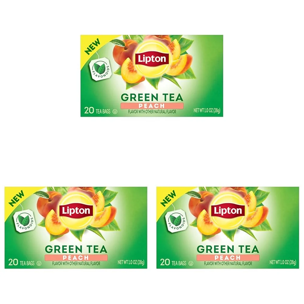 Refined Lipton Peach Green Tea Bags Flavored Unsweetened Teabags for Hot Tea or Peach Iced Tea with Caffeine and Flavonoids 20 Total Tea Bags Pack of 3 Easy-to-Use