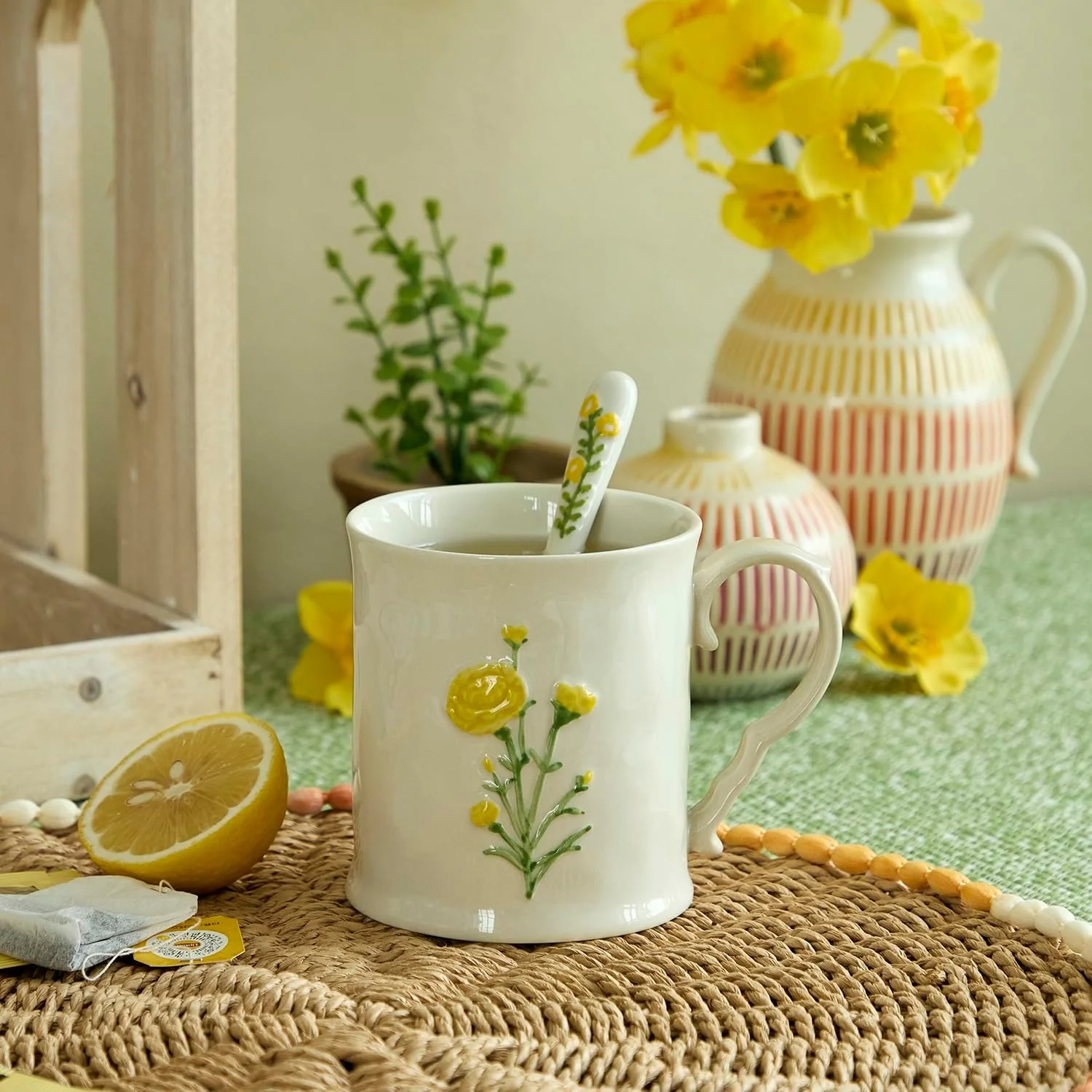 Sustainable Ceramic coffee Mugs Set of 1 Yellow Flower - 16oz Hand-Painted Microwave heating and dishwasher cleaning available I for Daily Brews Classic