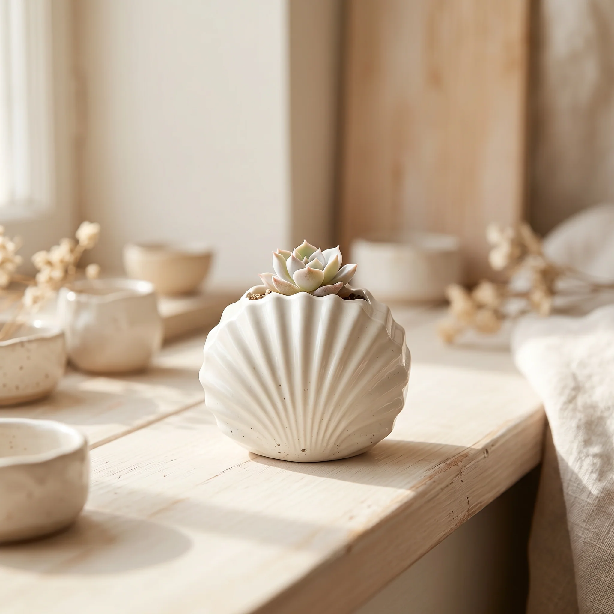High-Quality Mini Clam Shell Planter Gypsum White 3 Detailed