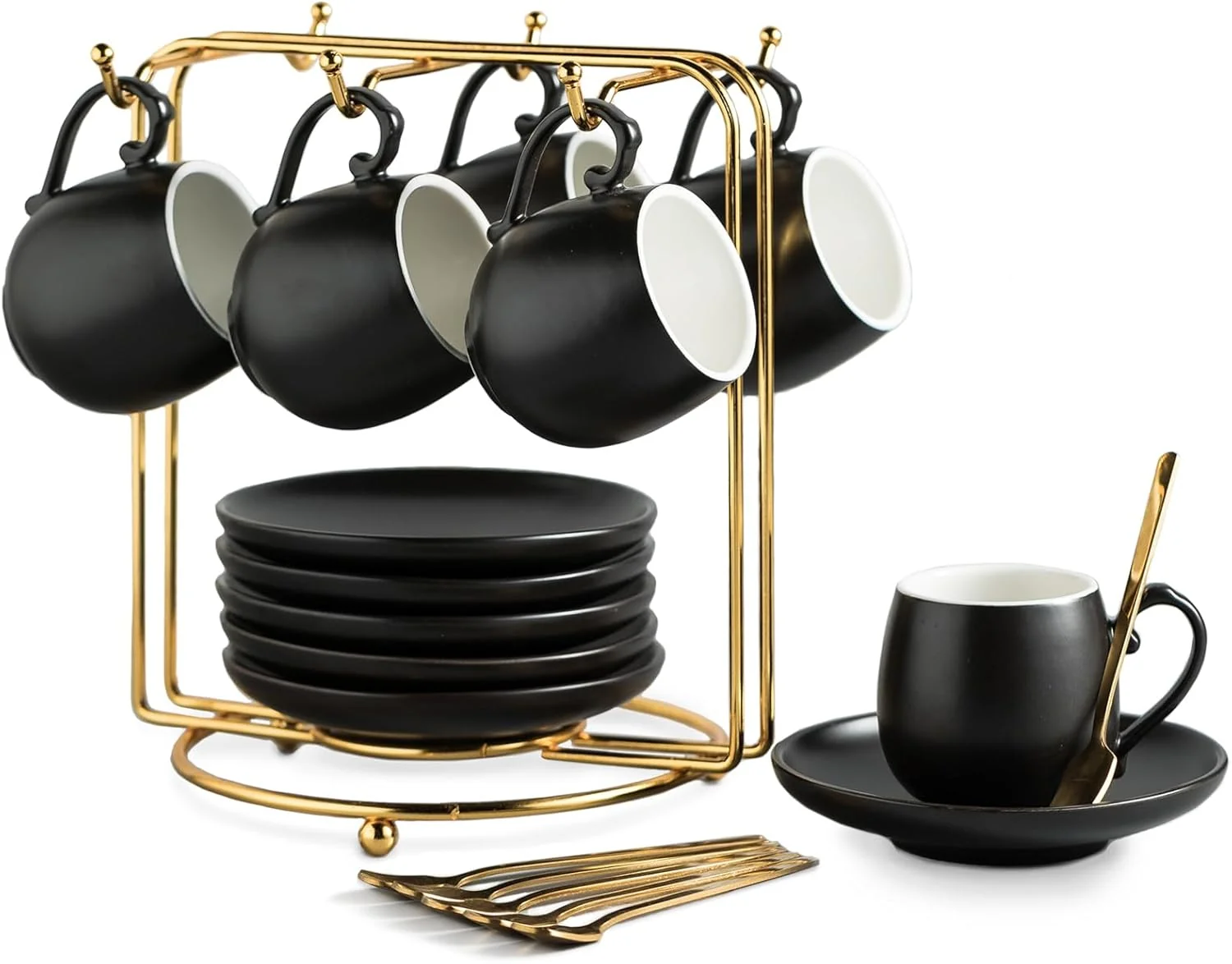 Fine Crafted Lyeoboh Espresso Cups and Saucers Set Ceramic Coffee Cup 3 Ounces Small Demitasse Cups Espresso Mugs with Spoons Metal Stand for Cappuccino Latte Practical