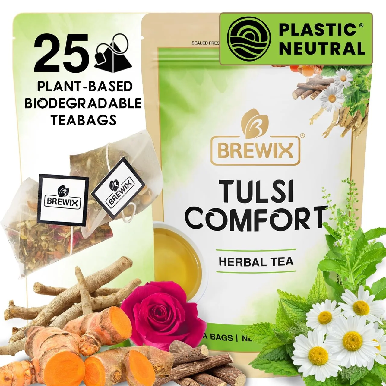 Solid Brewix Tulsi Holy Basil Tea Bags 25 Pyramid Bags Tulsi Leaves Holy Basil Chamomile Caffeine Herbal Tea Bags Calming Exclusive