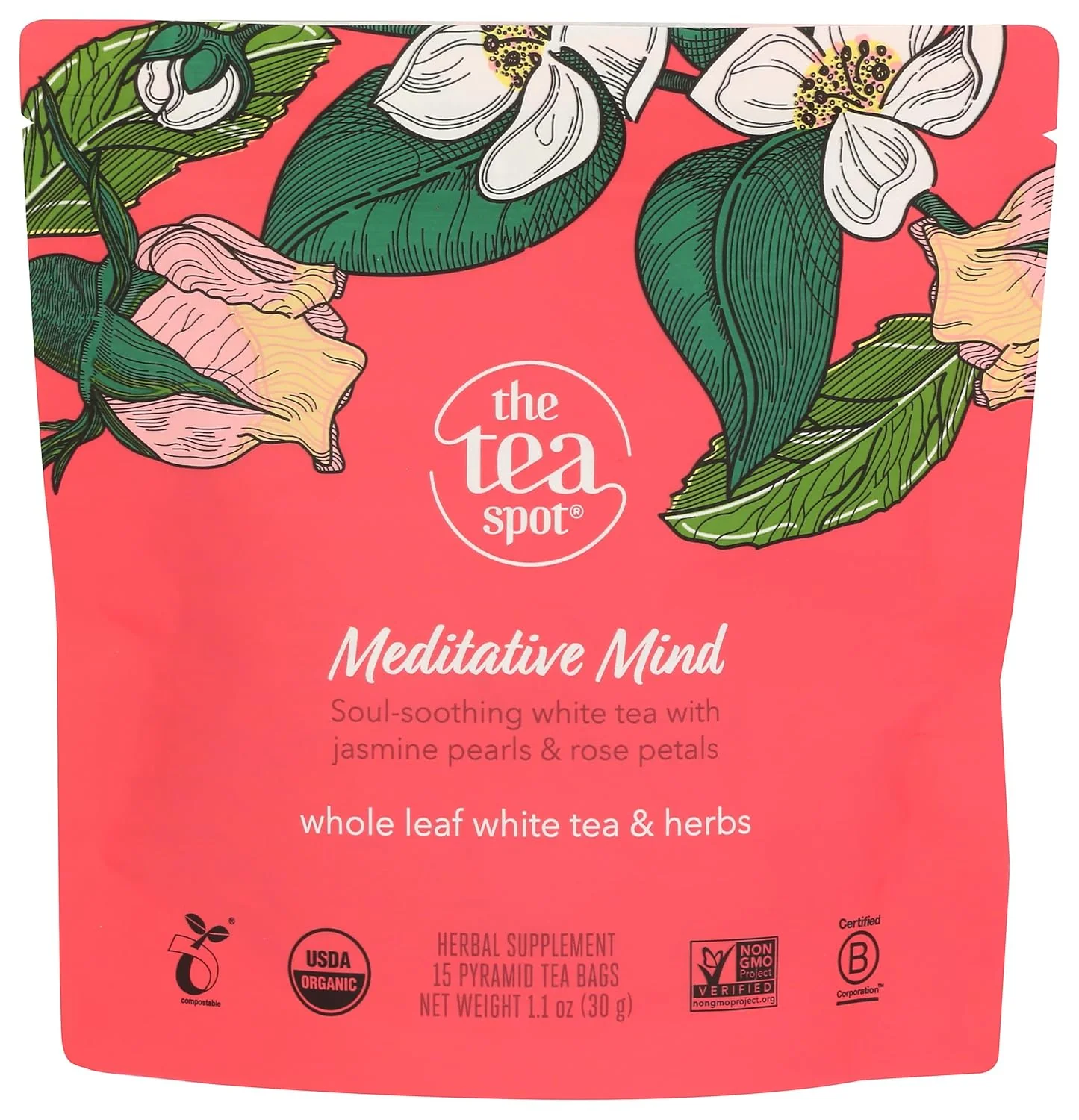 Fine Crafted The Tea Spot Organic Meditative Mind Herbal Tea Blend of White Tea Jasmine and Rose Calming Welness Caffeine Elixir Contemporary