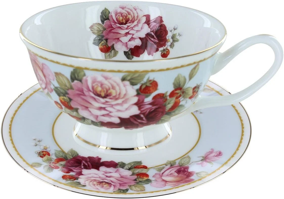 Sustainable Peony and Strawberry Blue Bone China - Teacup and Saucer Set of 4 Pure