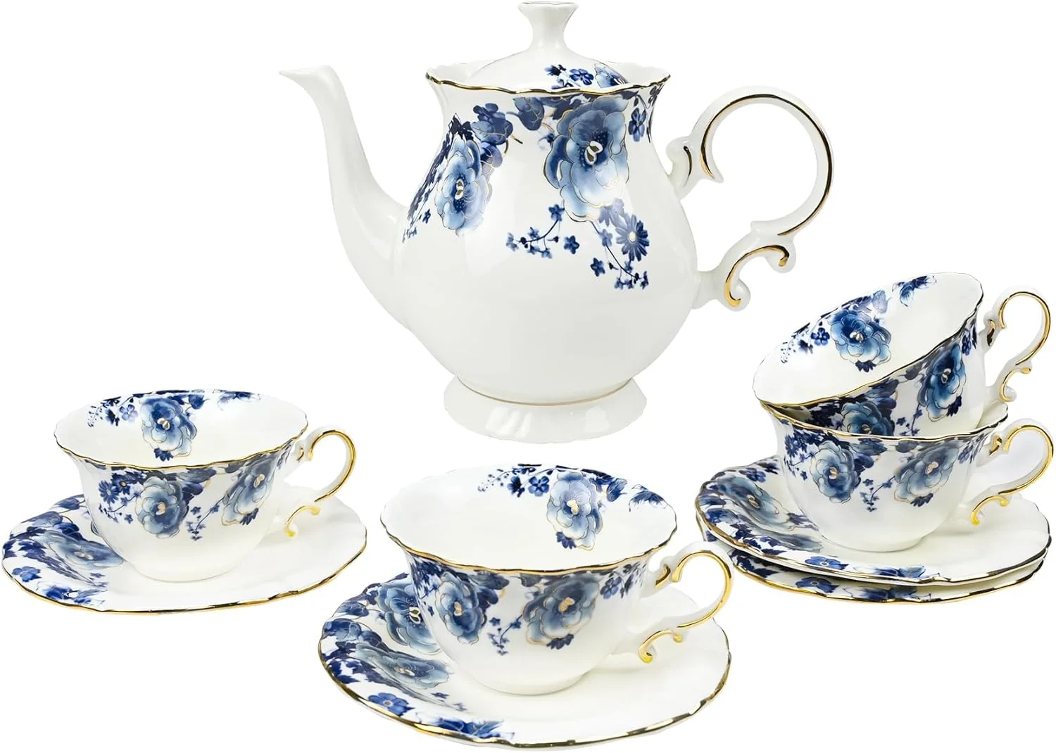 Exclusive Bone China Tea Set for Adults 13-Piece Blue and White Porcelain Tea Set for 4 Vintage Floral Tea Set With Teapot and Teaspoons Smooth