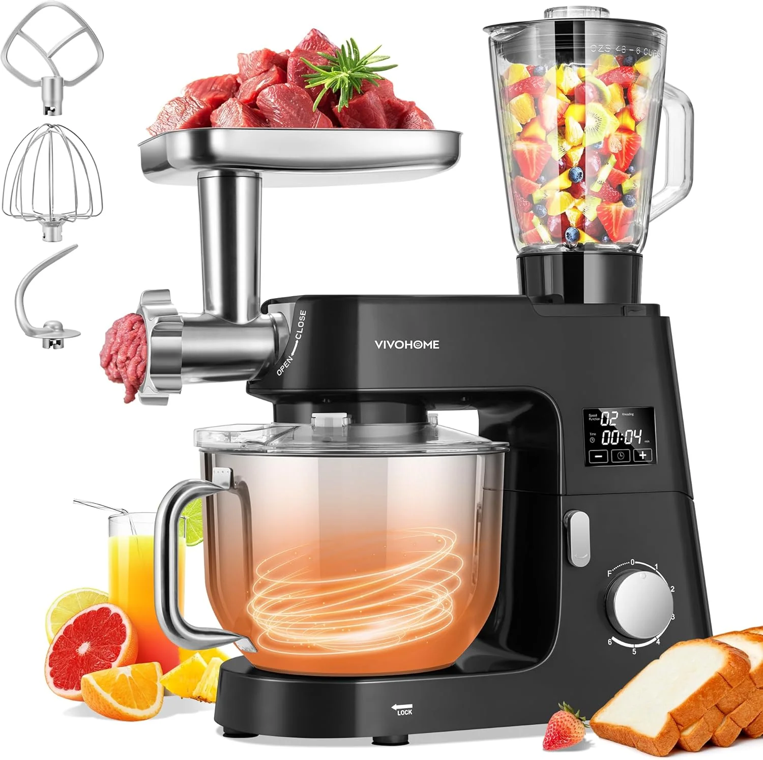 Elite Vivohome 9 in 1 Multifunctional Stand Mixer with Fermentation 6 Speed 7.5 Quart Kitchen Electric Food Mixer with Timer Meat Grinder Juice Blender Artisan