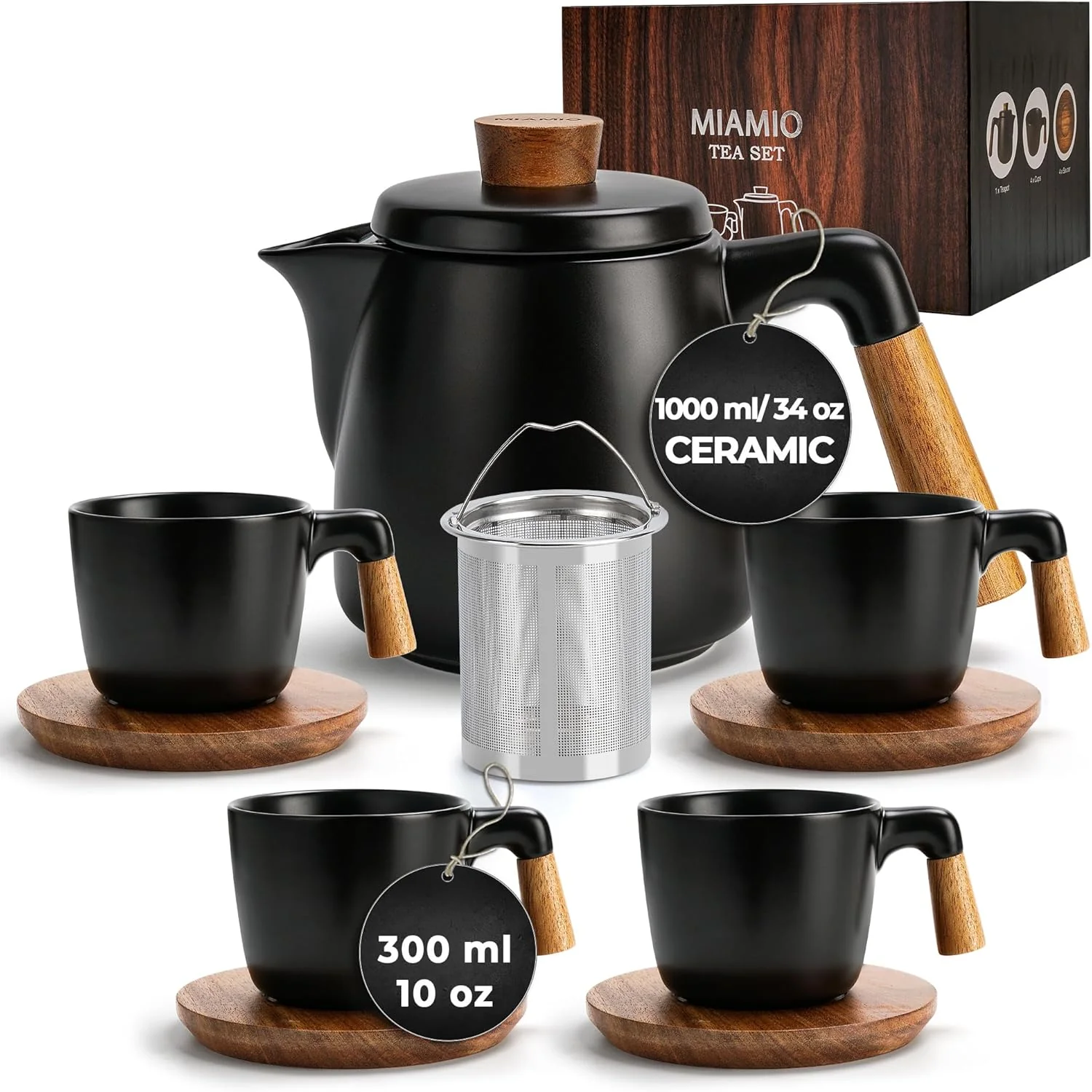 Organic Miamio – 34 Oz Ceramic Tea Pot Set with Infuser and Cups Tea Strainer 4 Ceramic Tea Mugs 10 Oz Bamboo Saucers Handle for Home and Office Black Secure