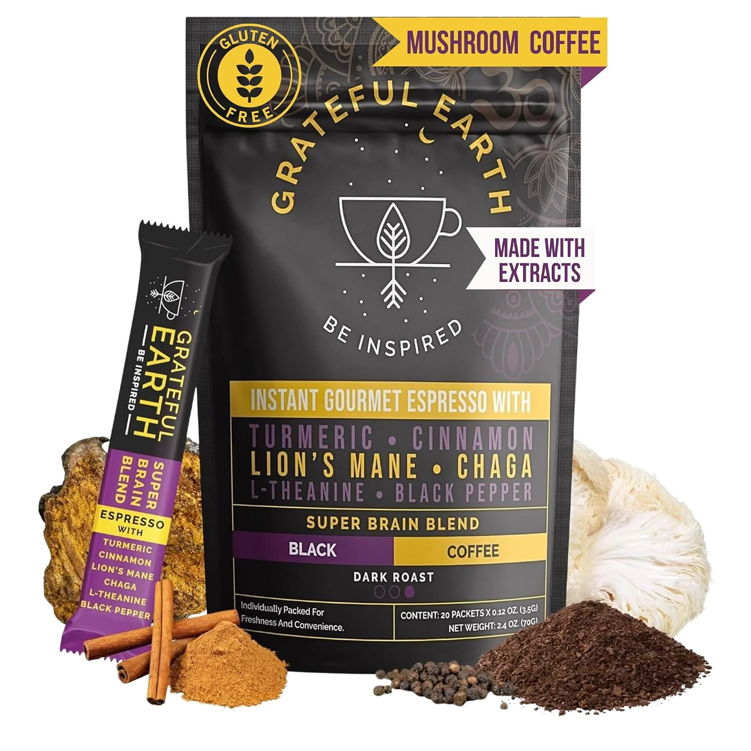 Minimalist Grateful Earth Instant Espresso Coffee With Lion's Mane 20 Packets Turmeric Chaga L-Theanine Dark Roast Non GMO Focus Energy Immune Support amp Gut Health Dairy amp Gluten Verified