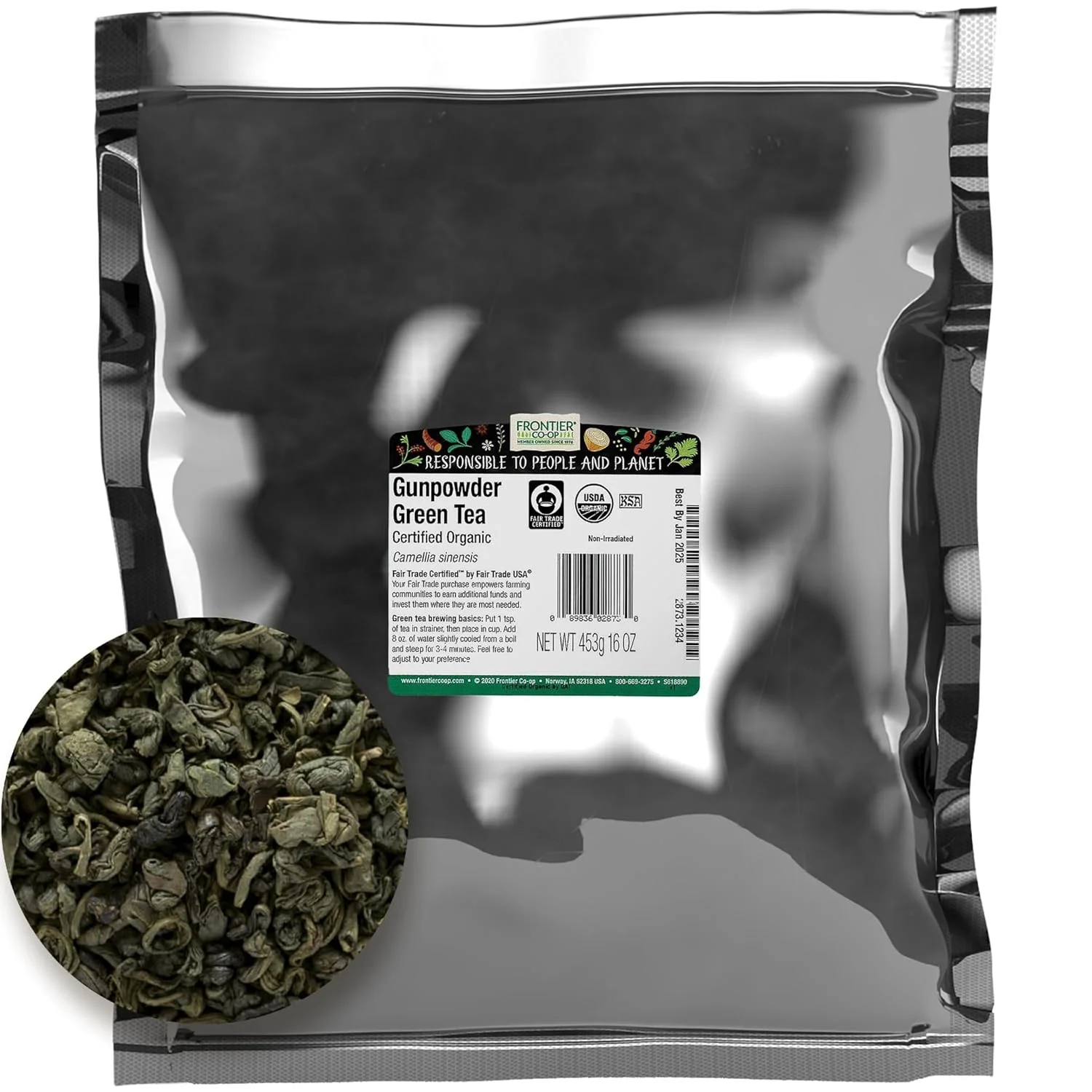 Healthy Frontier Co-op Organic Gunpowder Green Tea Leaves 1-Pound Bulk Smokey Green Tea Maintains Freshness Kosher Fair Trade Fine Crafted