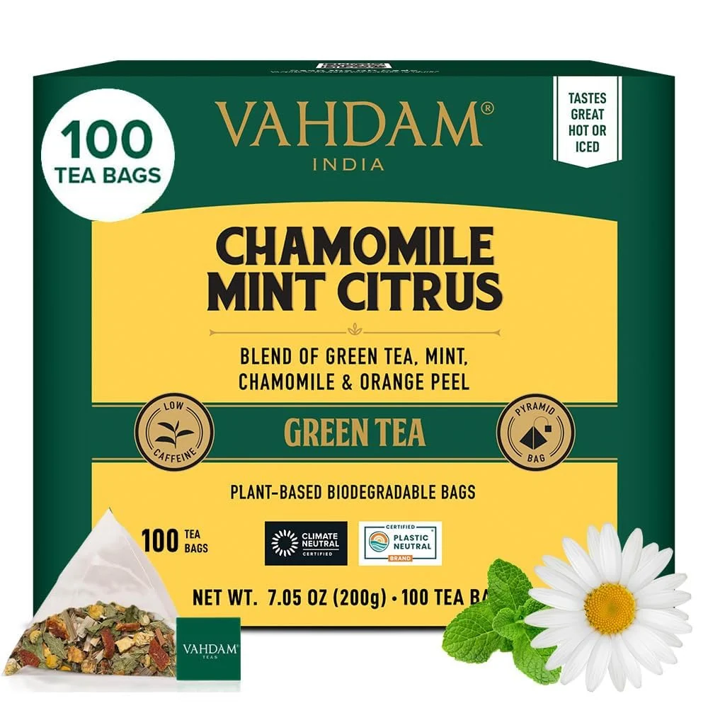Sustainable Vahdam Chamomile Mint Citrus Green Tea Bags 100 Count Low Caffeine Non GMO Gluten Sweet Floral Resealable Ziplock Pouch Practical