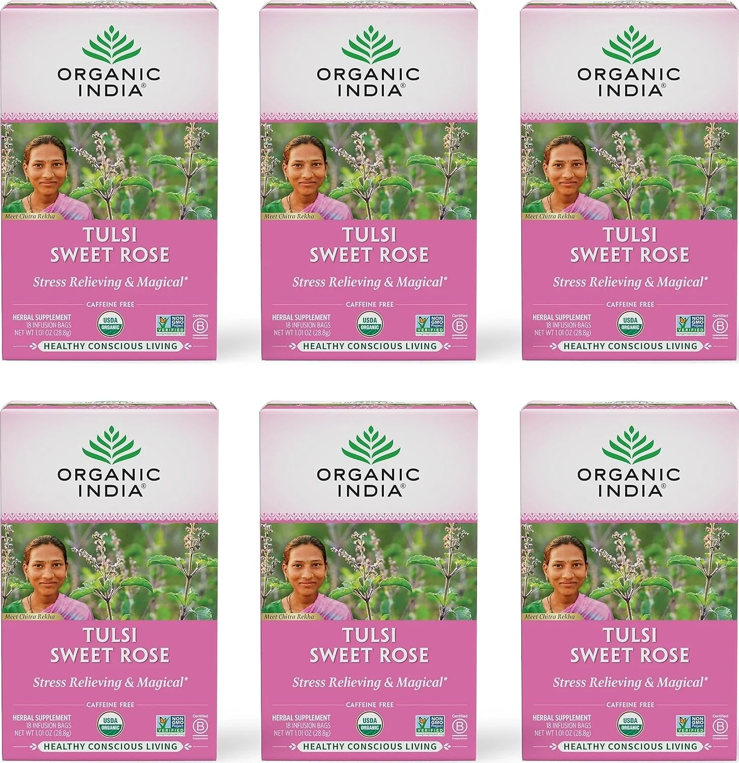Eco-Friendly Organic India Tulsi Sweet Rose Herbal Tea - Holy Basil Leaf African Basil Chamomilie Lemon Myrtle Stress Relieving Immune Support USDA Organic Caffeine- - 18 Infusion Bags 6 Pack Comfortable