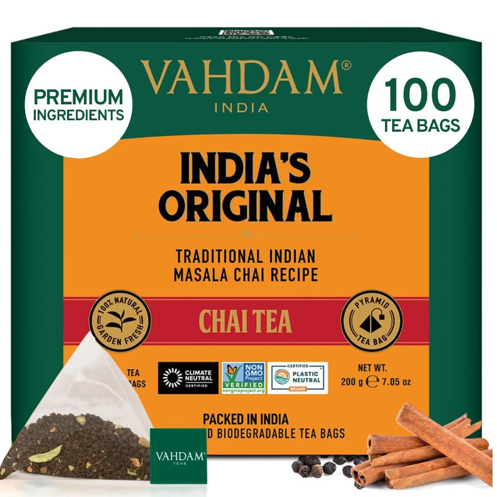 Lightweight Vahdam India's Masala Chai Tea Bags 100 Count No Added Flavoring Blended w Exotic Spices Whole Leaf Tea Bags Resealable Ziplock Pouch Crafted