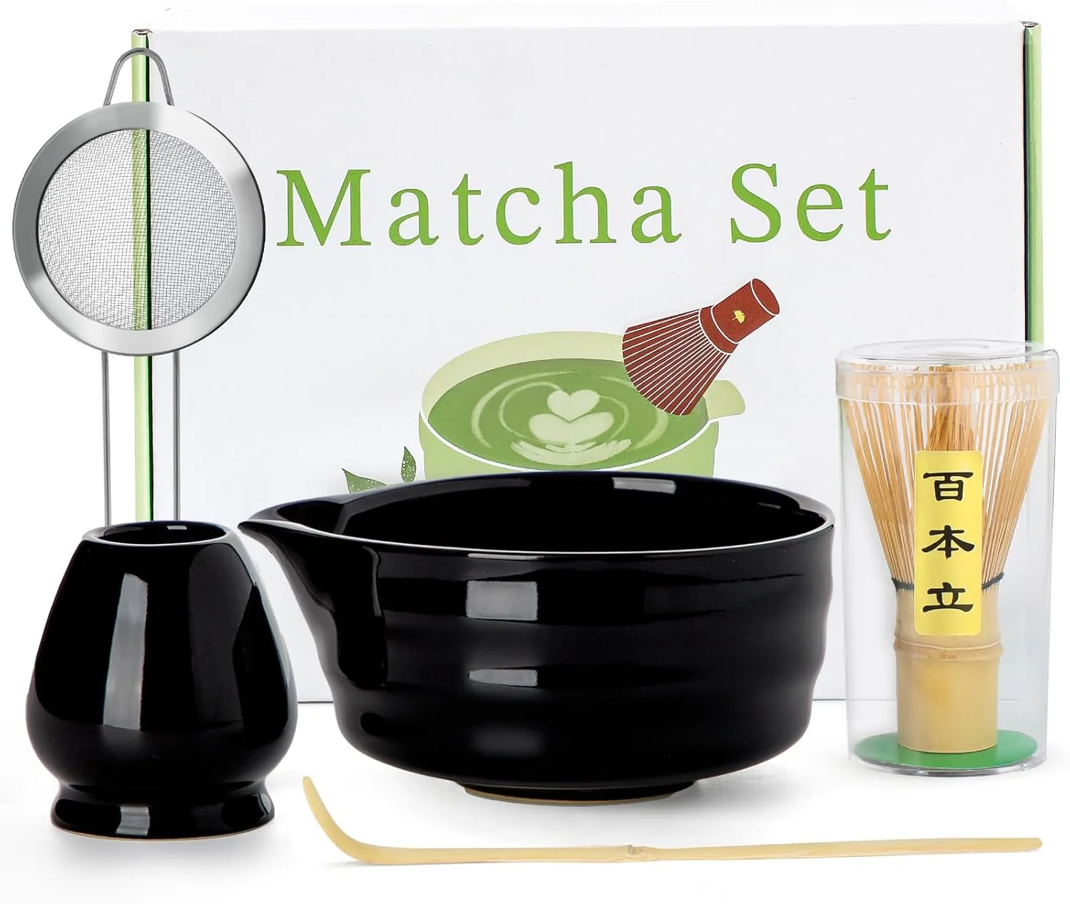 High-Performance Matcha Whisk Set - 5PCS Matcha Set Includes 17OZ Chawan with Spout Bamboo Chasen Whisk with Ceramic Holder Wooden Scoop and Stainless Sifter Flexible