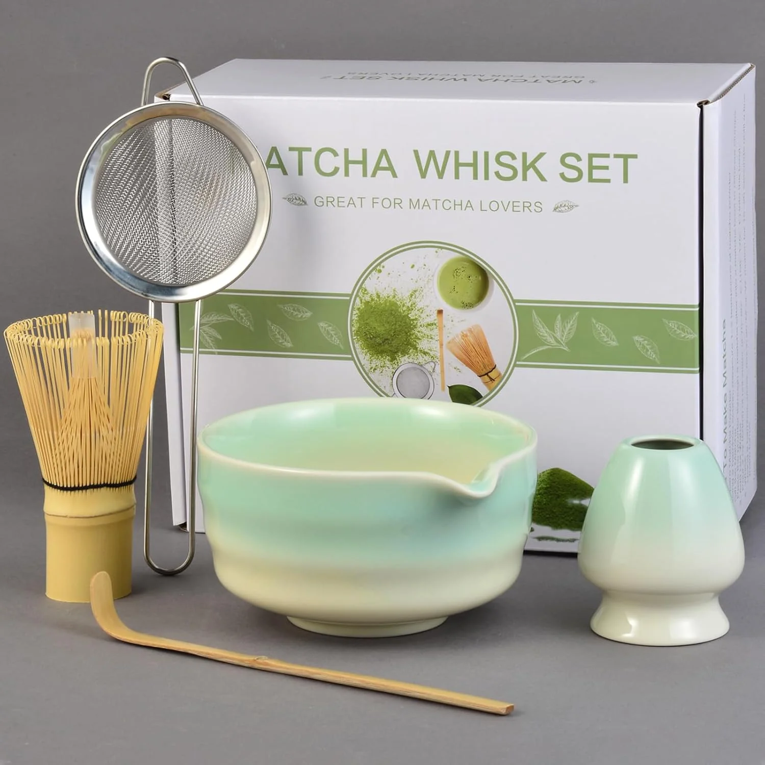 Reliable Matcha Whisk Set 5pcs Japanese Ceremony Matcha Tea Kit Includes Ceramic Matcha Bowl with Spout Bamboo Whisk Holder Traditional Scoop Green