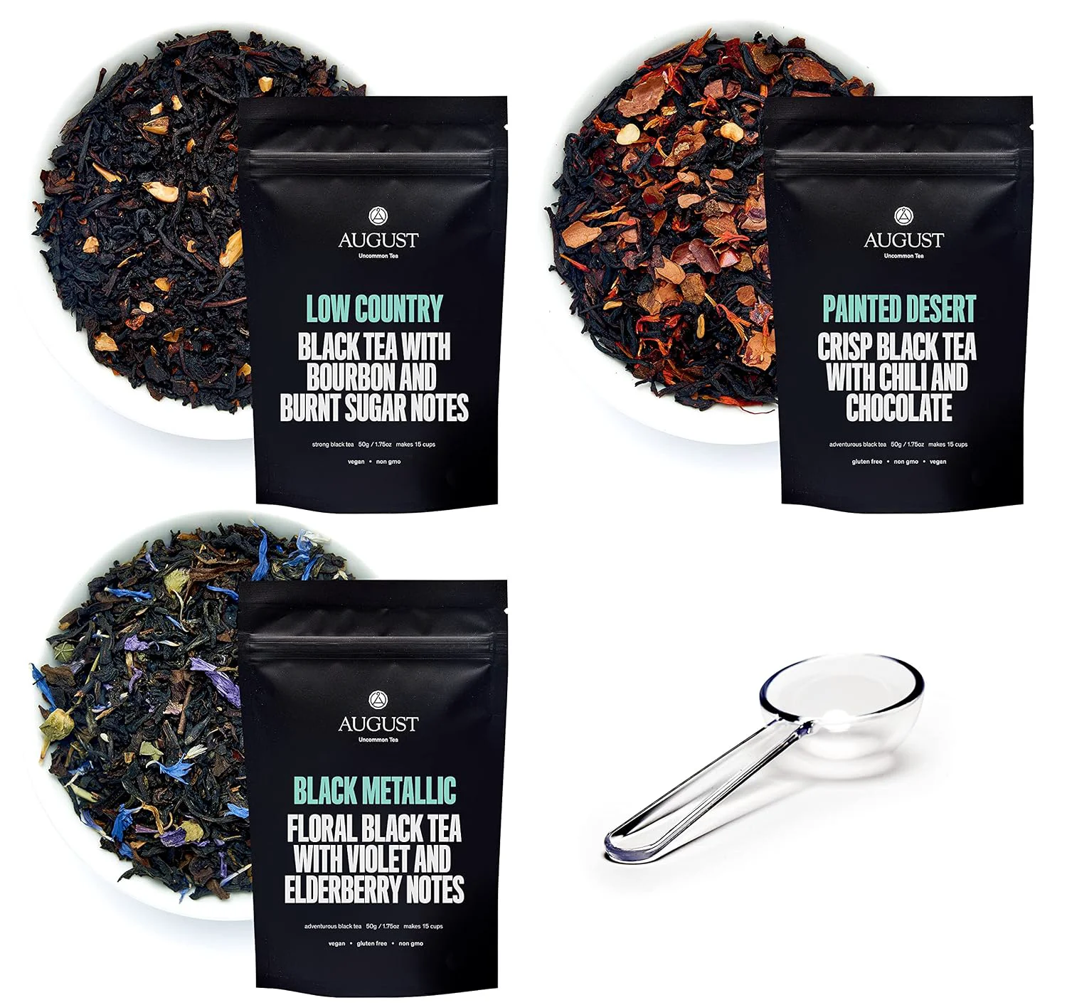 Casual August Uncommon Tea Sampler – Set of 3 Black Loose Leaf Teas Low Country Painted Desert and Black Metallic – Bold Flavors with a Crystal Scoop in Resealable Pouches – 1.75oz Each Eco-Friendly