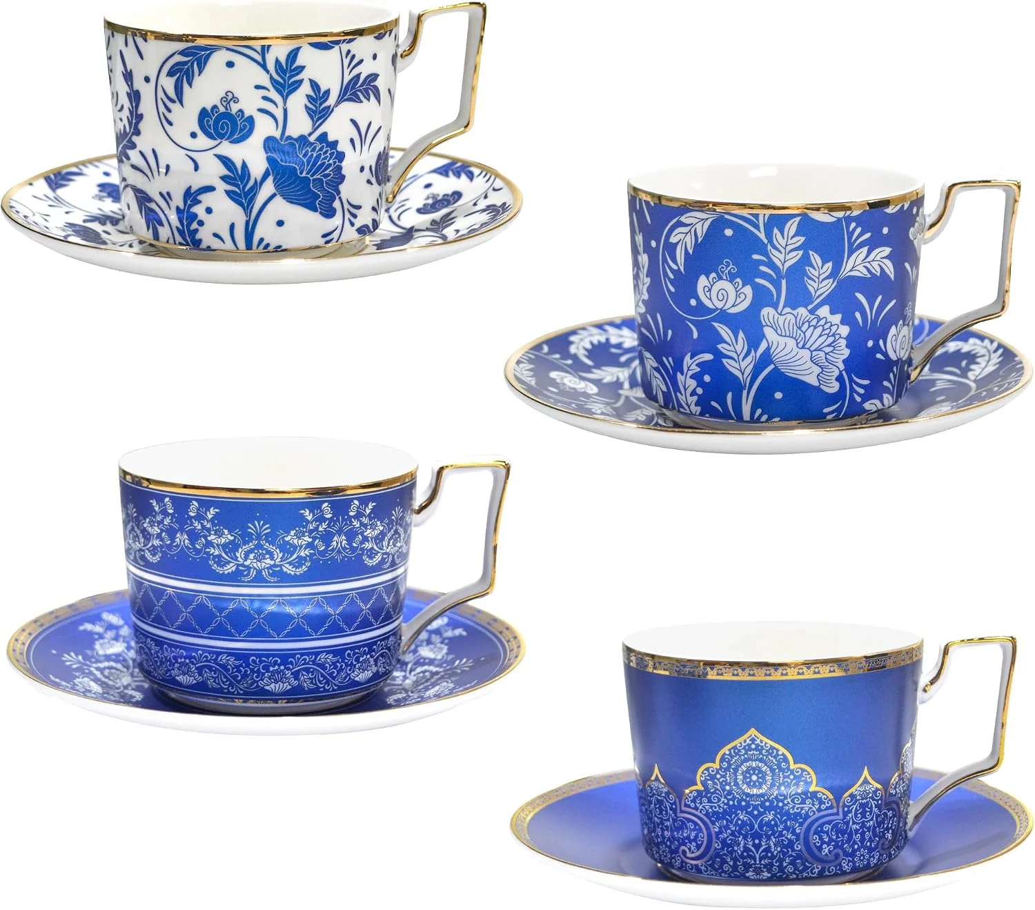Superior ACMLIFE Bone China Tea Cups and Saucers Set of 4 6.8 oz Blue and White Tea Cups Set of 4 with Gold Trim and Gift Box Blue-4 First-Class