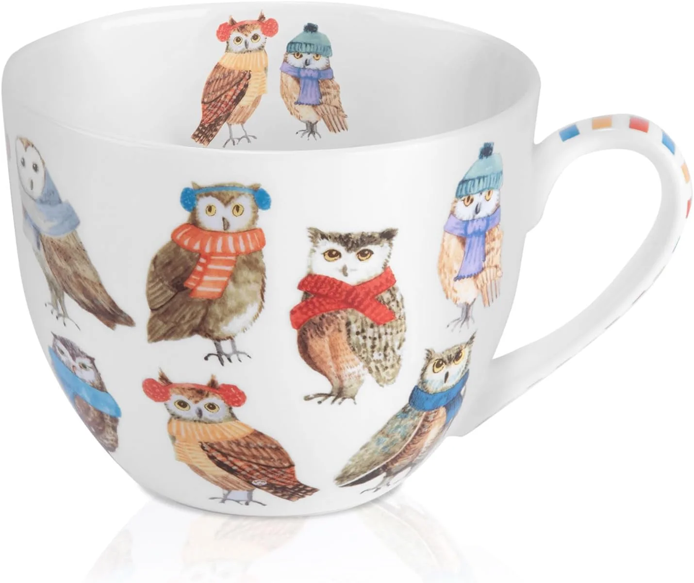 Flexible Cute Owl Coffee Mug 20 oz Premium Bone China Mug with Charming Owls in Color Scarves and Hats—Cozy Wise and for Bird Enthusiasts Artisan