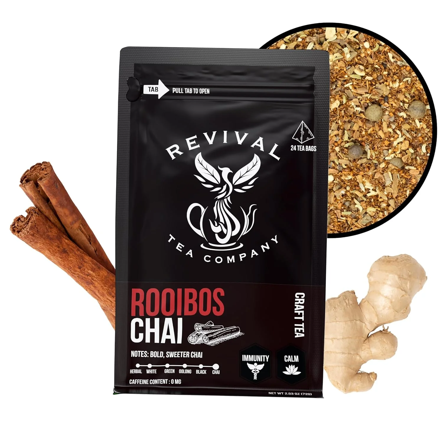 Consistent Revival Tea Company Rooibos Chai Tea - Rooibos Red Tea Blend with Fresh Spiced Chai Flavor - Caffeine - 24 Tea Bags Solid