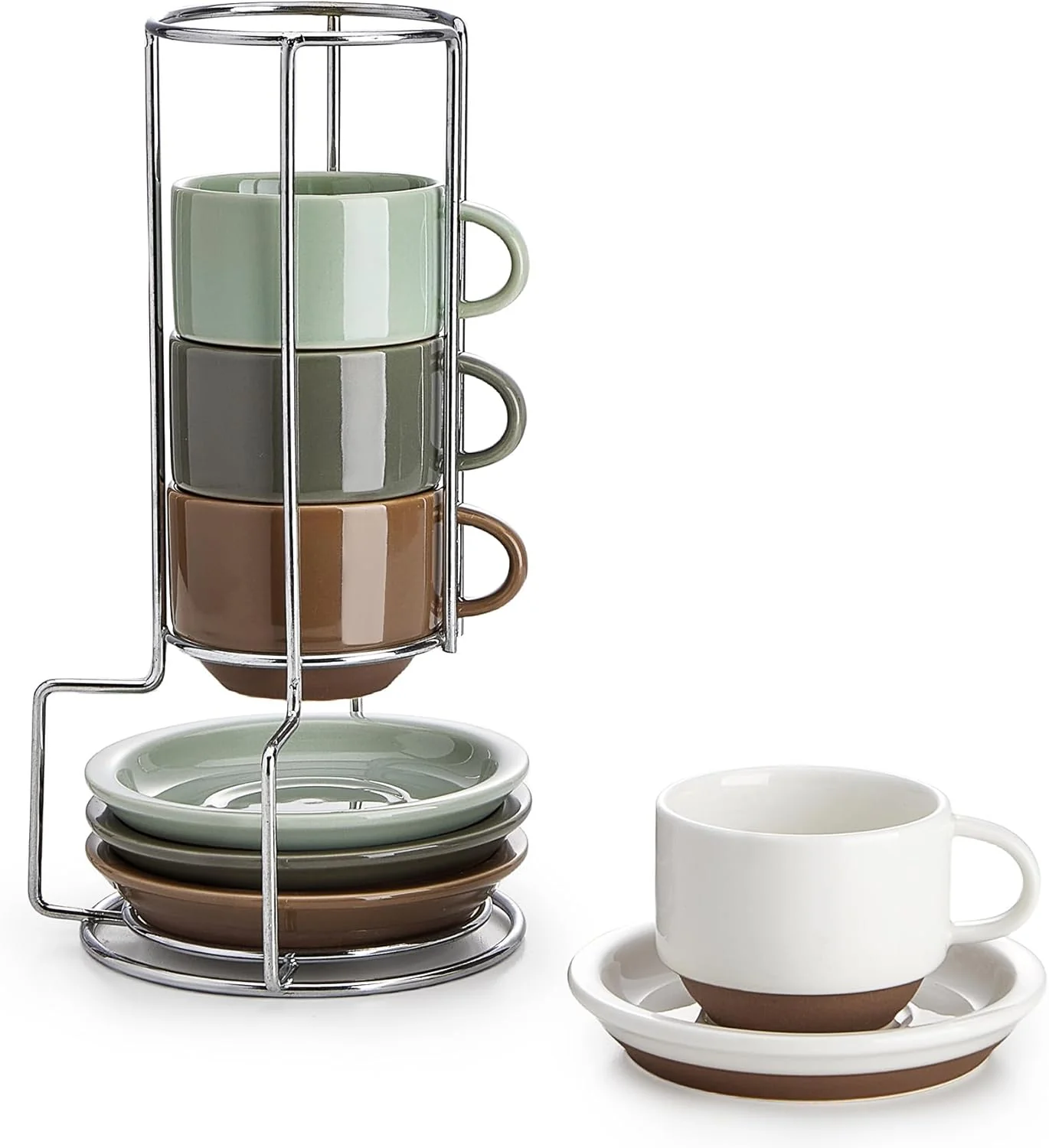 Elegant Sweese 2.5 Ounce Espresso Cups Set of 4 Porcelain Stackable Coffee Cups with Saucers and Metal Stand Multicolor Specialty