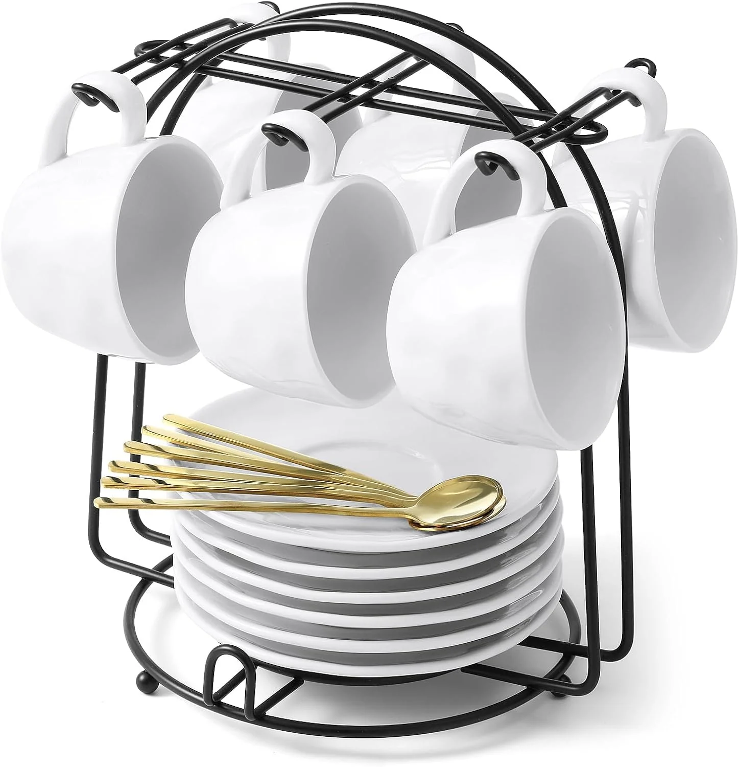Organic Yedio 4 oz Espresso Cups with Saucers and Metal Stand Spoons Porcelain Stackable Coffee Cups Demitasse Cups for Single or Double Espresso Innovative