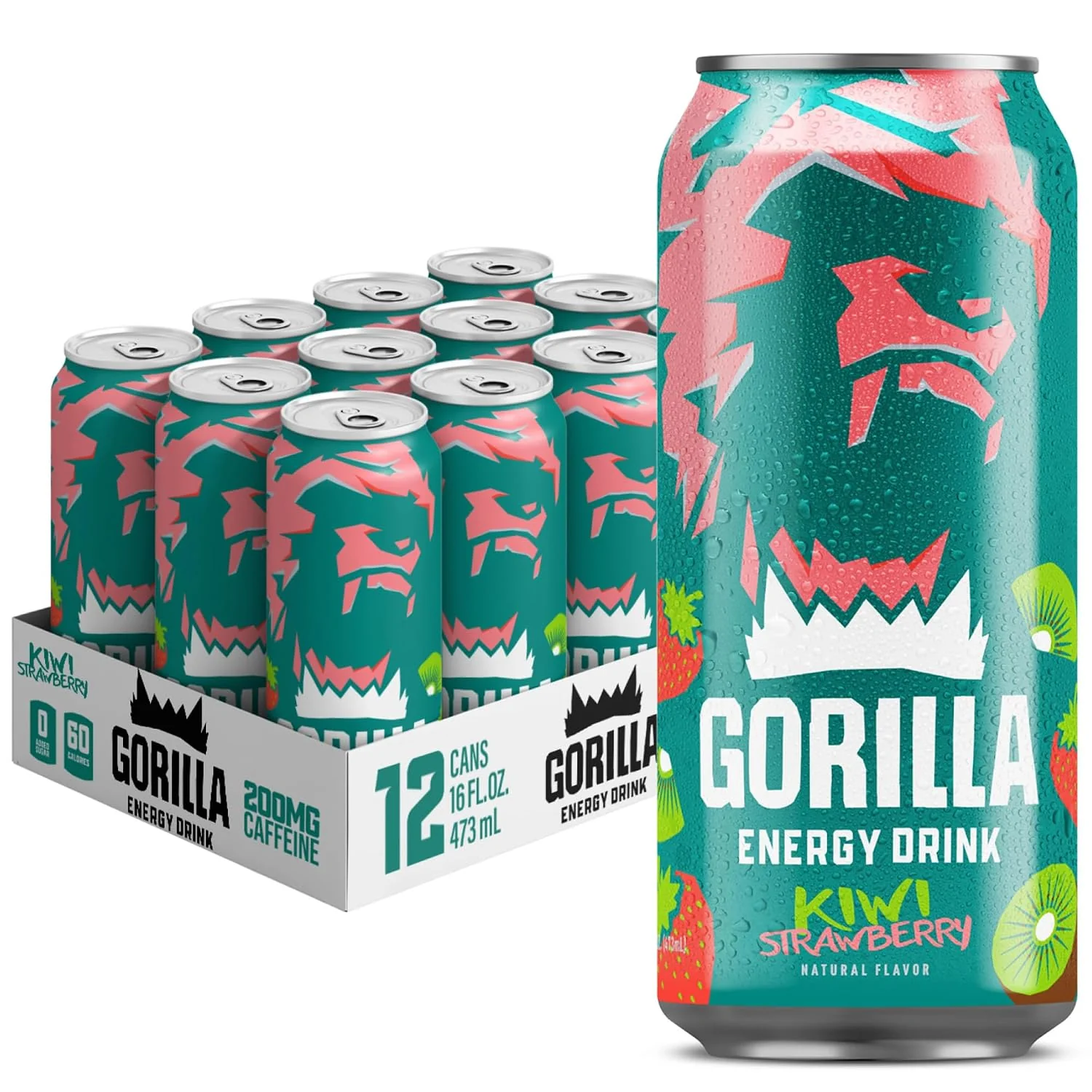 Practical Gorilla Energy Drink Kiwi Strawberry 200mg Natural Caffeine Fruit Juice Squeezed amp Concentrated L-Theanine Taurine Ginseng Acetyl L-Carnitine No Added Sugar and No Artificial Colors 12 Pack Smooth